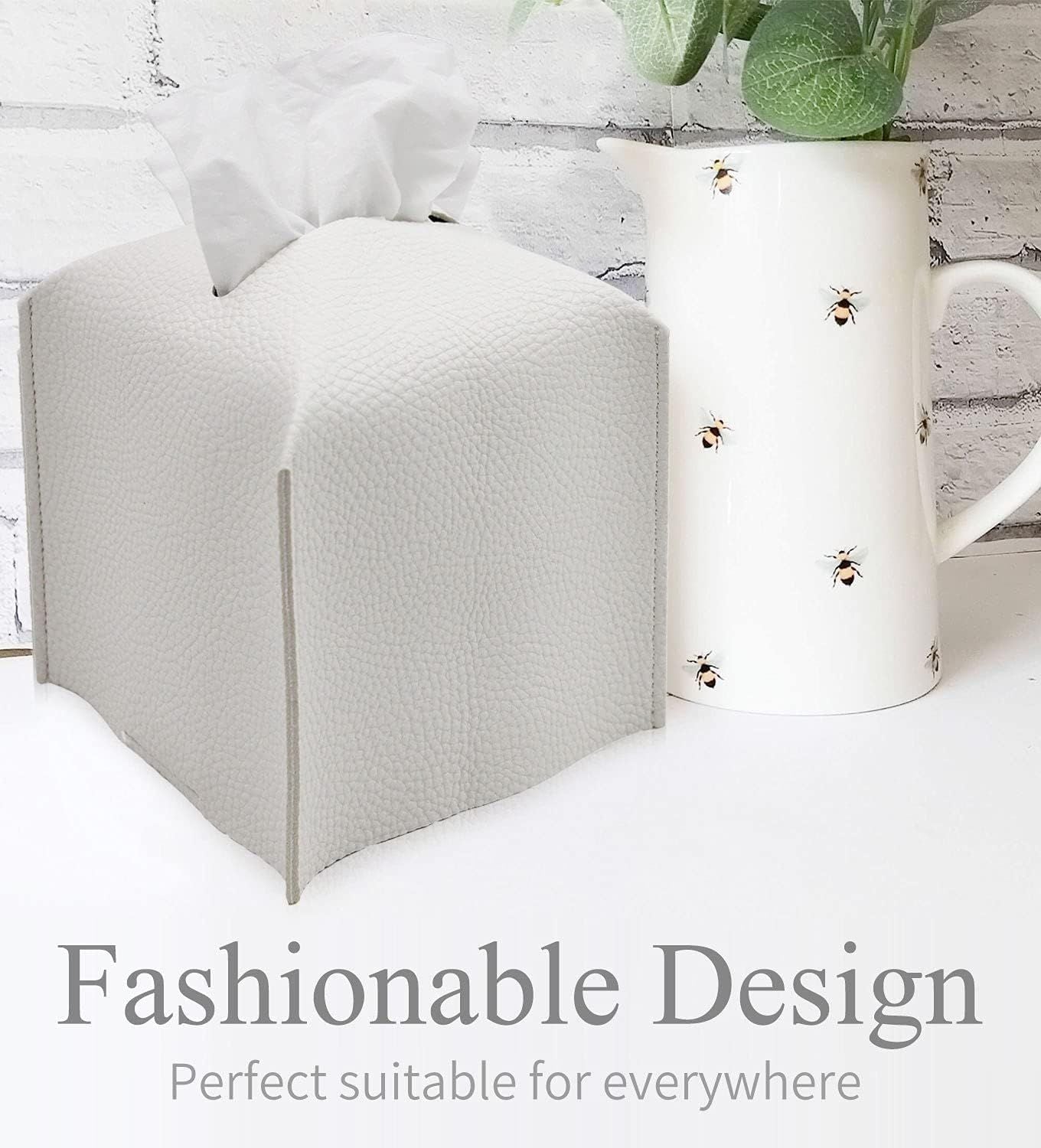 Tissue Box Cover, Square Decorative PU Leather Tissue Box Holder Modern Tissue Case Facial Paper Organizer Dispenser for Bathroom, Vanity Countertop, Night Stands, Desk 5X5X5'' | Off White