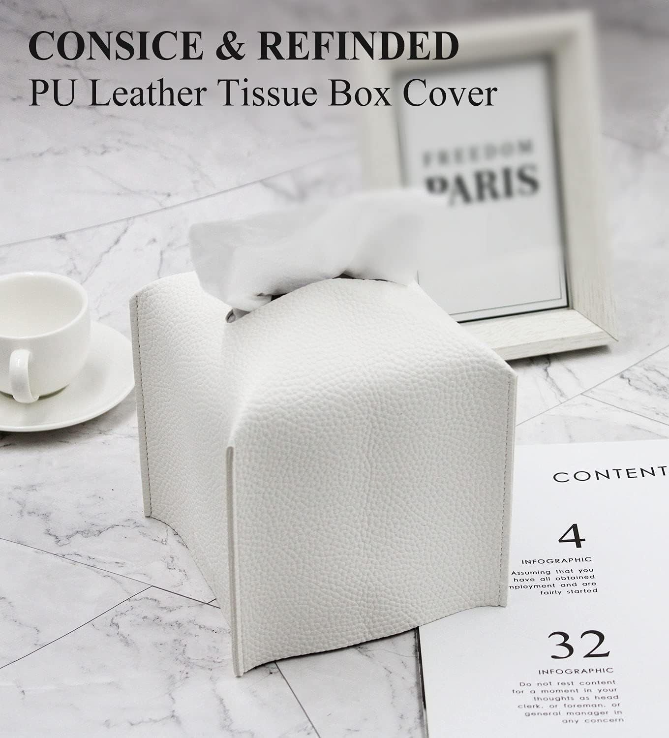 Tissue Box Cover, Square Decorative PU Leather Tissue Box Holder Modern Tissue Case Facial Paper Organizer Dispenser for Bathroom, Vanity Countertop, Night Stands, Desk 5X5X5'' | Off White