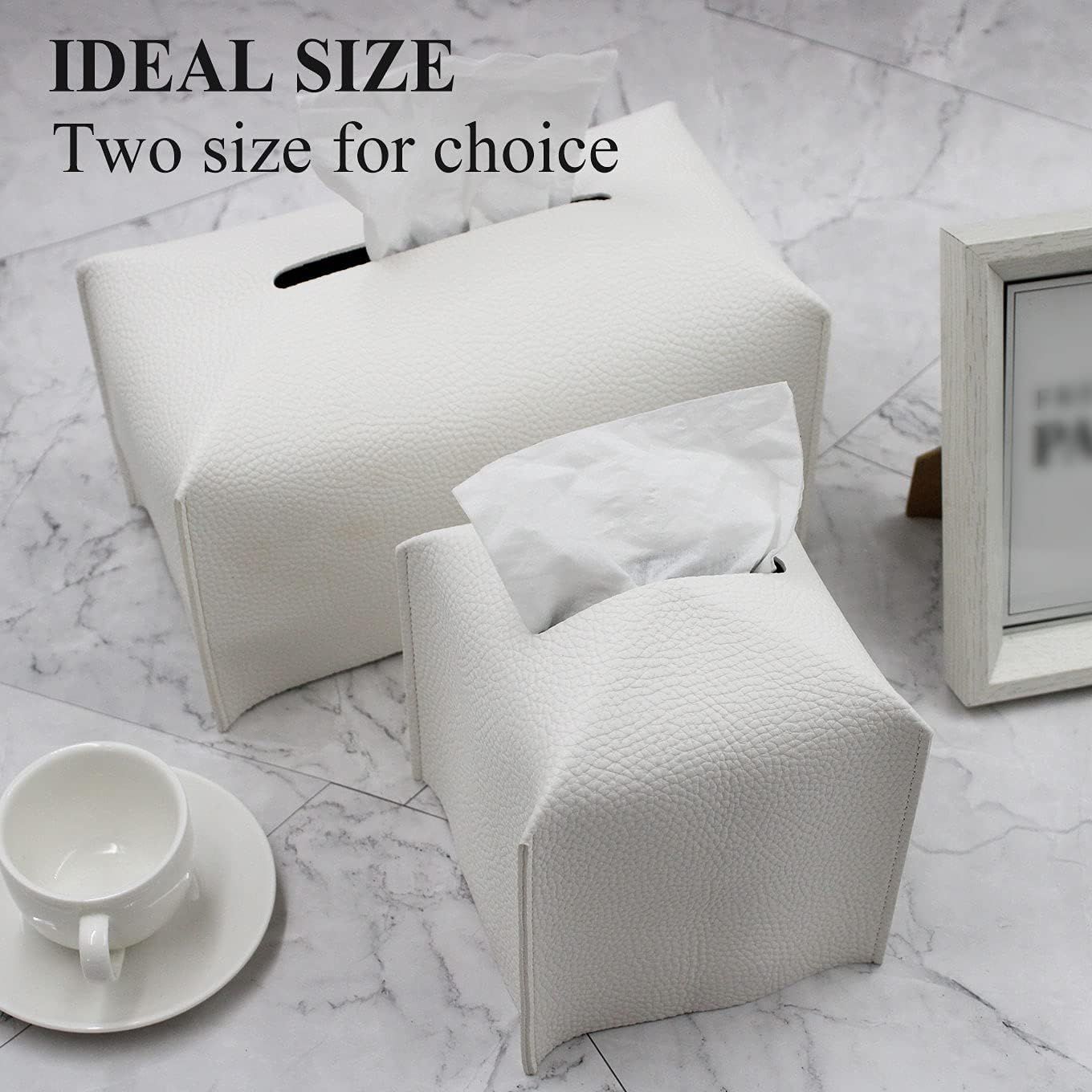 Tissue Box Cover, Modern Decorative PU Leather Rectangular Tissue Box Case Organizer Holder for Vanity Countertop, Night Stands, Livingroom, Office Desk & Car 9.5X5X5'' | Off White