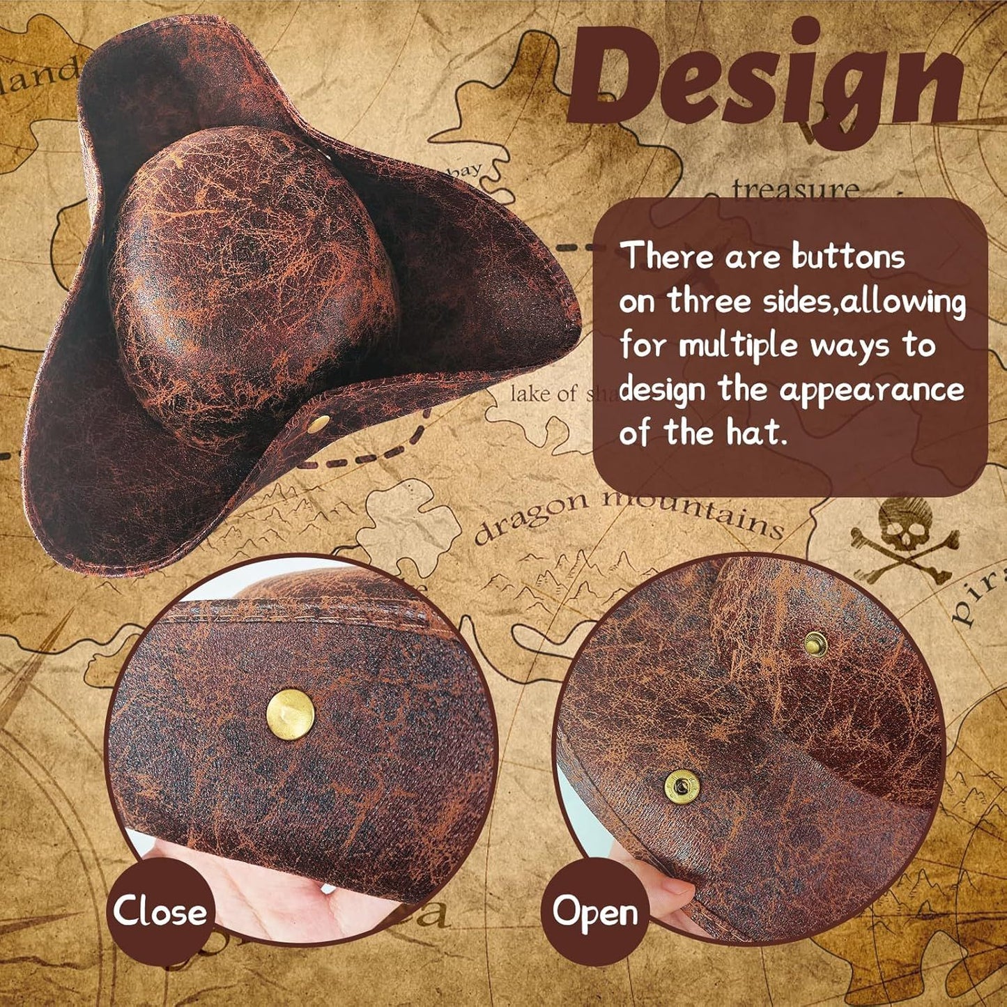 Brown Faux Leather Pirate Hat,Tricorn Pirate Hat,Novelty Leather Pirate Hat for Men Women Halloween Costume Accessories,Cosplay