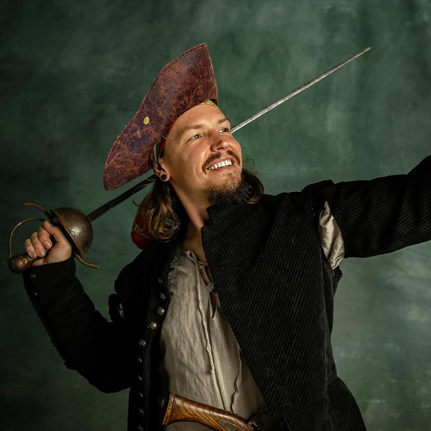 Brown Faux Leather Pirate Hat,Tricorn Pirate Hat,Novelty Leather Pirate Hat for Men Women Halloween Costume Accessories,Cosplay