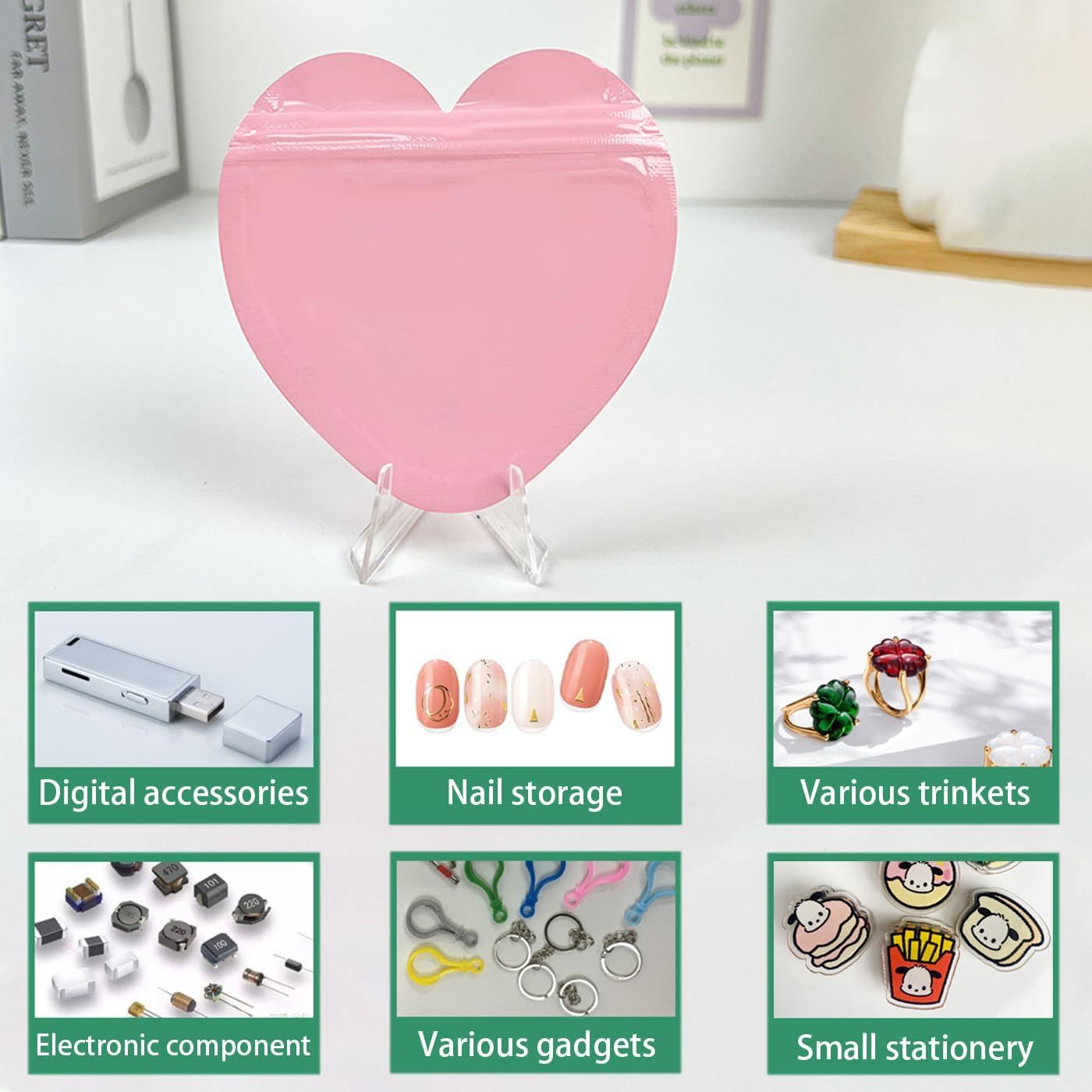 100pcs Pink Heart-Shaped Mylar Bags, 4"x4" Clear & Resealable Ziplock Packaging Bags for Business Essentials Supplies, Earring, Jewelry, Trinkets