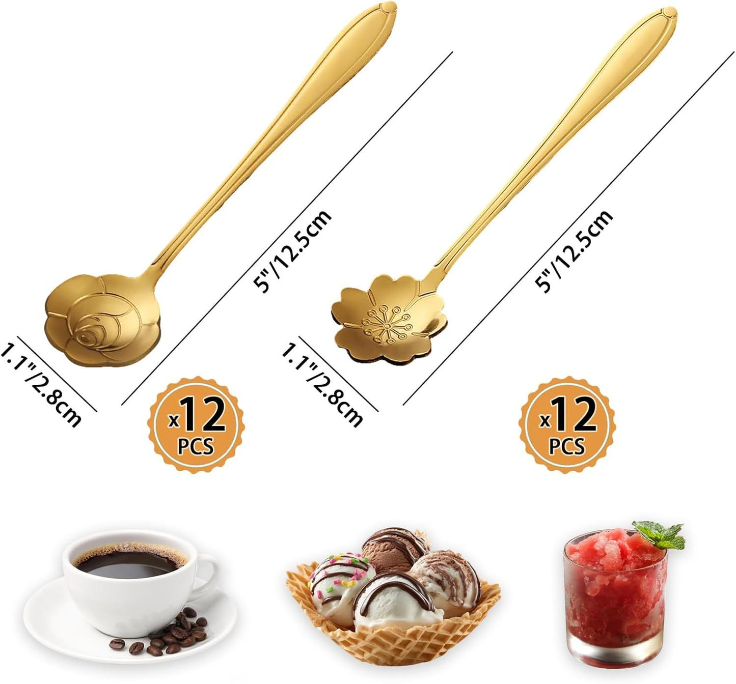24PCS Gold Coffee Espresso Spoons, 5 Inch Stainless Steel Small Spoon for Dessert, Tea, Demitasse Stirring, Soup, Kitchen, Cafe or Bar