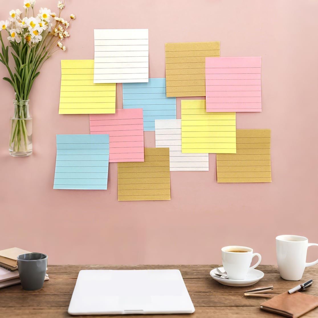 Pink Lined Sticky Notes, 3"x3" Self-Stick Note Pads, 6 Pads, 100 Sheets/Pad, Total 600 Sheet