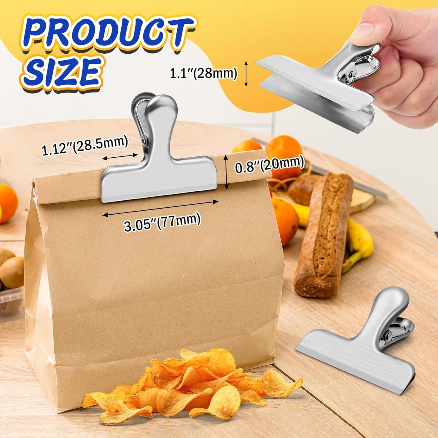 12 Pack Stainless Steel Chip Clips, Bag Clips for Food, Heavy Duty Snack Clip Metal Clip to Seal Coffee Bags, Ideal for Office and Kitchen Use, Binder Clip Large - 3 Inches, Silver