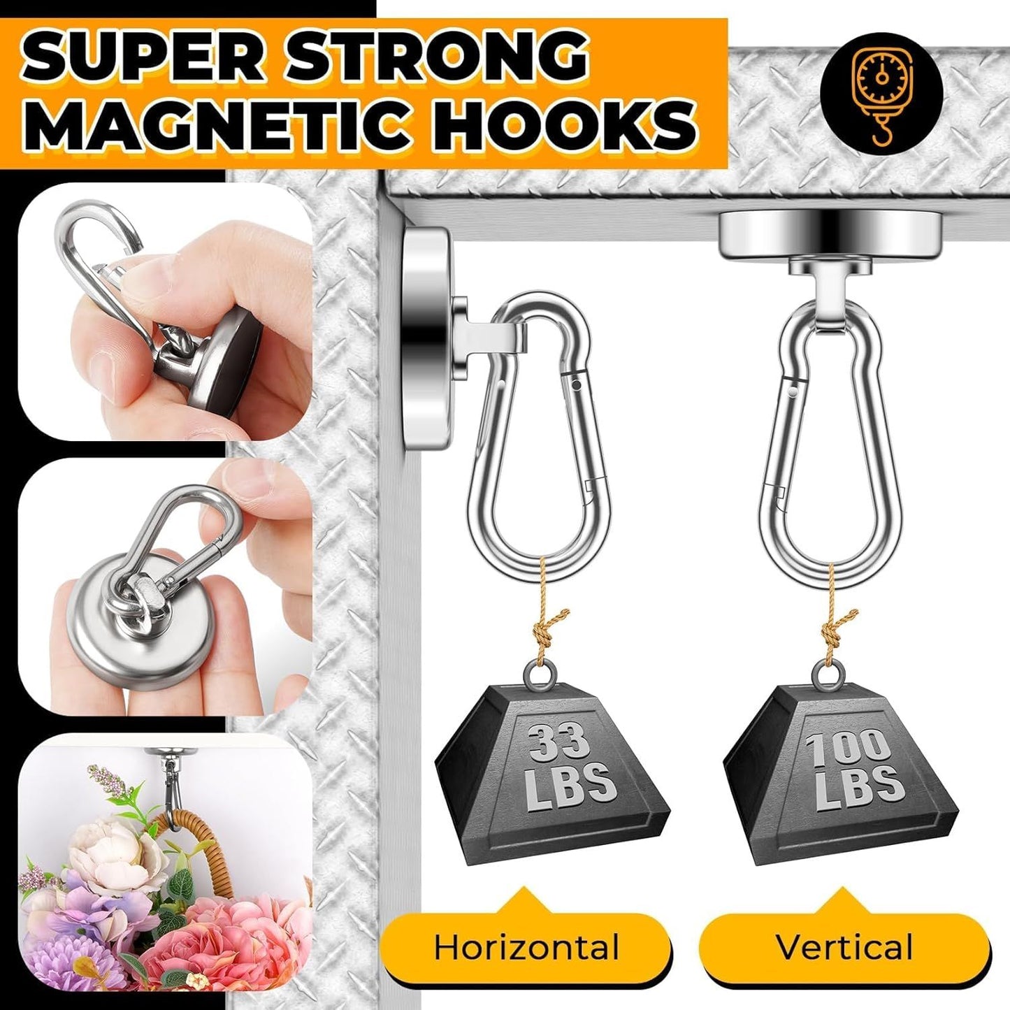 100Lbs Strong Magnetic Hooks, 4 Pack Neodymium Grade-52 Magnet Hooks Heavy Duty with Swivel Carabiner Hook for Hanging, Cruise, Garage, Refrigerator, Kitchen, Office, Home
