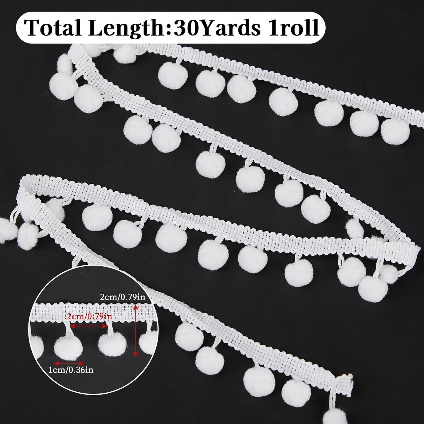 30 Yards Mini Pom Poms Trim Ribbon, 0.79" Wide Single Edge Ball Trim Fringe Sewing Ribbon Crafts Pompoms Tassel for DIY Crafts Sewing Curtain Clothes Pillow Home Decoration(White)