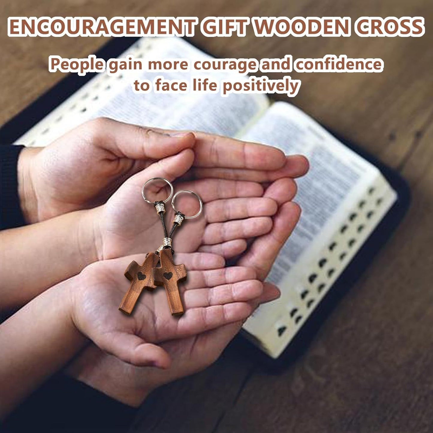 Walnut Wood Cross Keychain Black, Design Comfort Touch Pocket Size Prayer Worry Coin, Inspirational Christian Keychains Accessories Purse Charms for Men Women