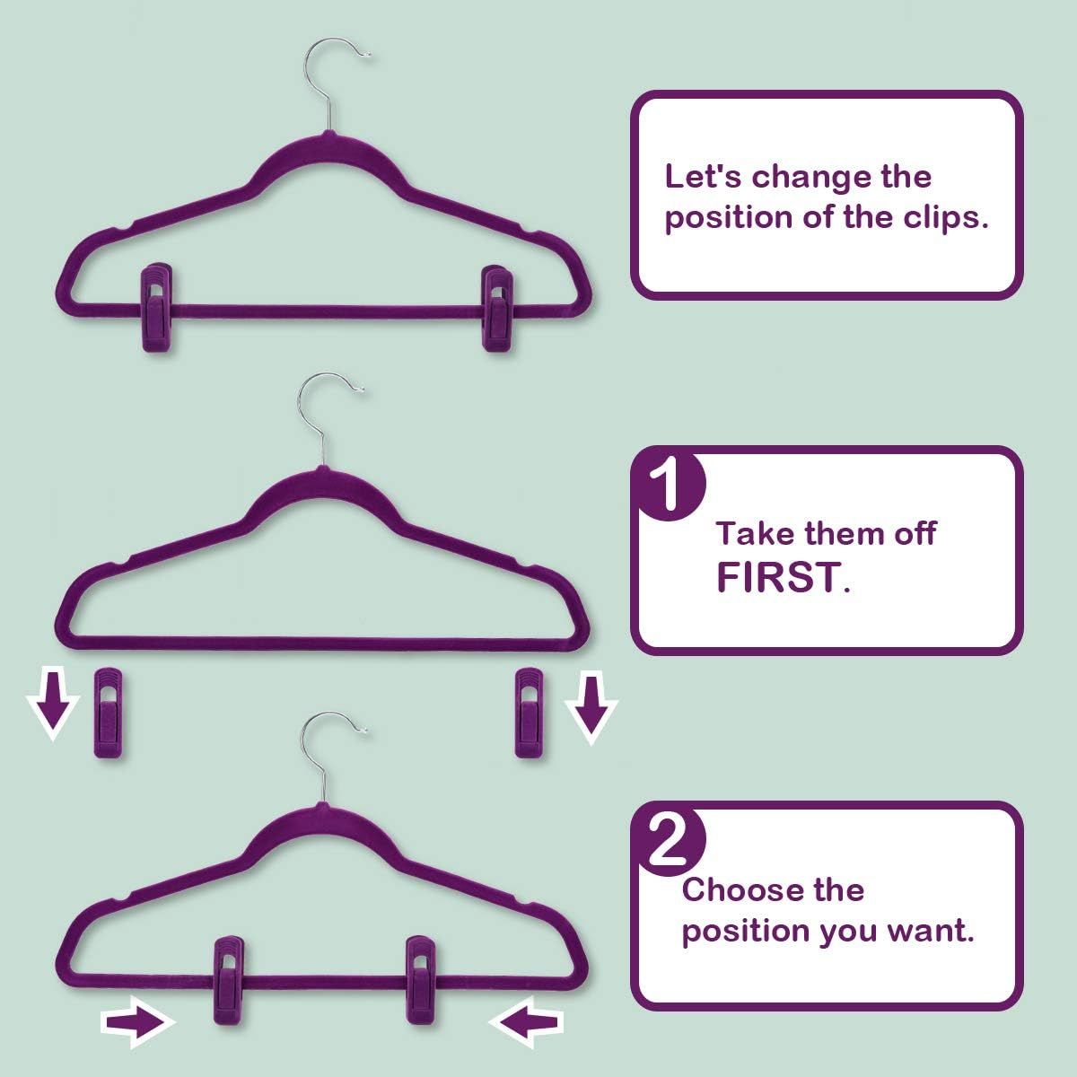 Purple Velvet Hangers Clips, Pants Hangers Velvet Clips, Strong Finger Clips Perfect for Thin Velvet Hangers (20 Pcs, Purple)