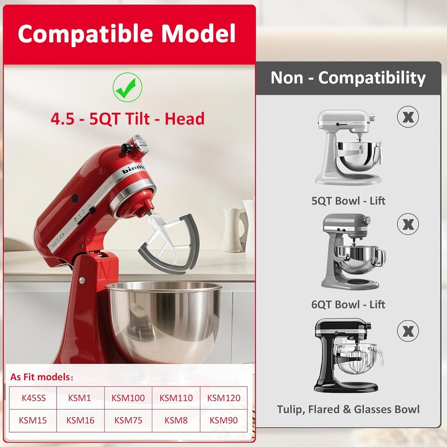 Flex Edge Beater for KitchenAid 4.5/5 Qt Tilt-Head Stand Mixer – Silicone Paddle, Dishwasher Safe, Flexible Silicone Edges Bowl Scraper For Kitchen Aid Accessories and Attachments (Grey)