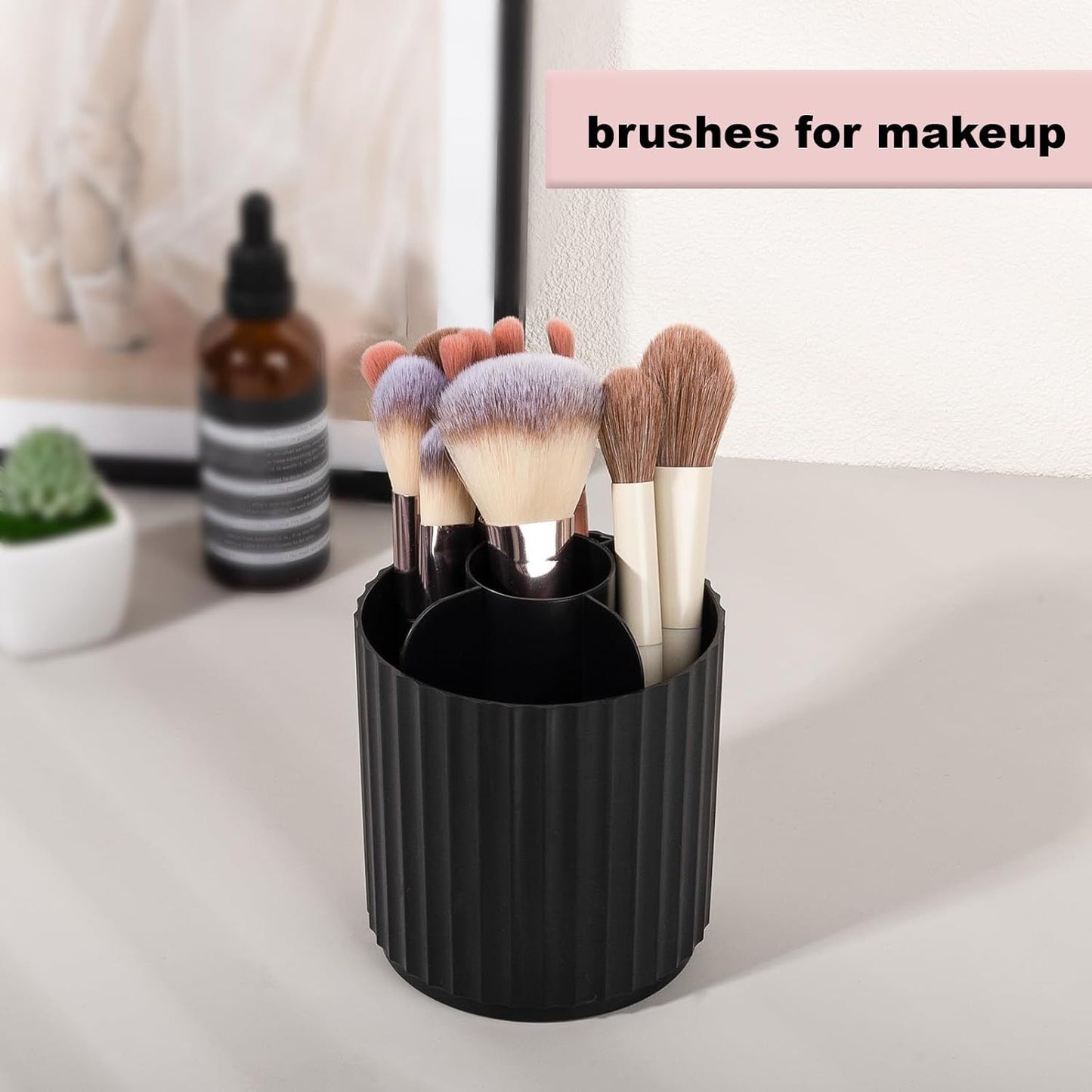 Makeup Brush Holder Organizer 360°Rotating Make Up Brushes Container for Vanity, Spinning Cosmetics Storage Cup, Stripe Black
