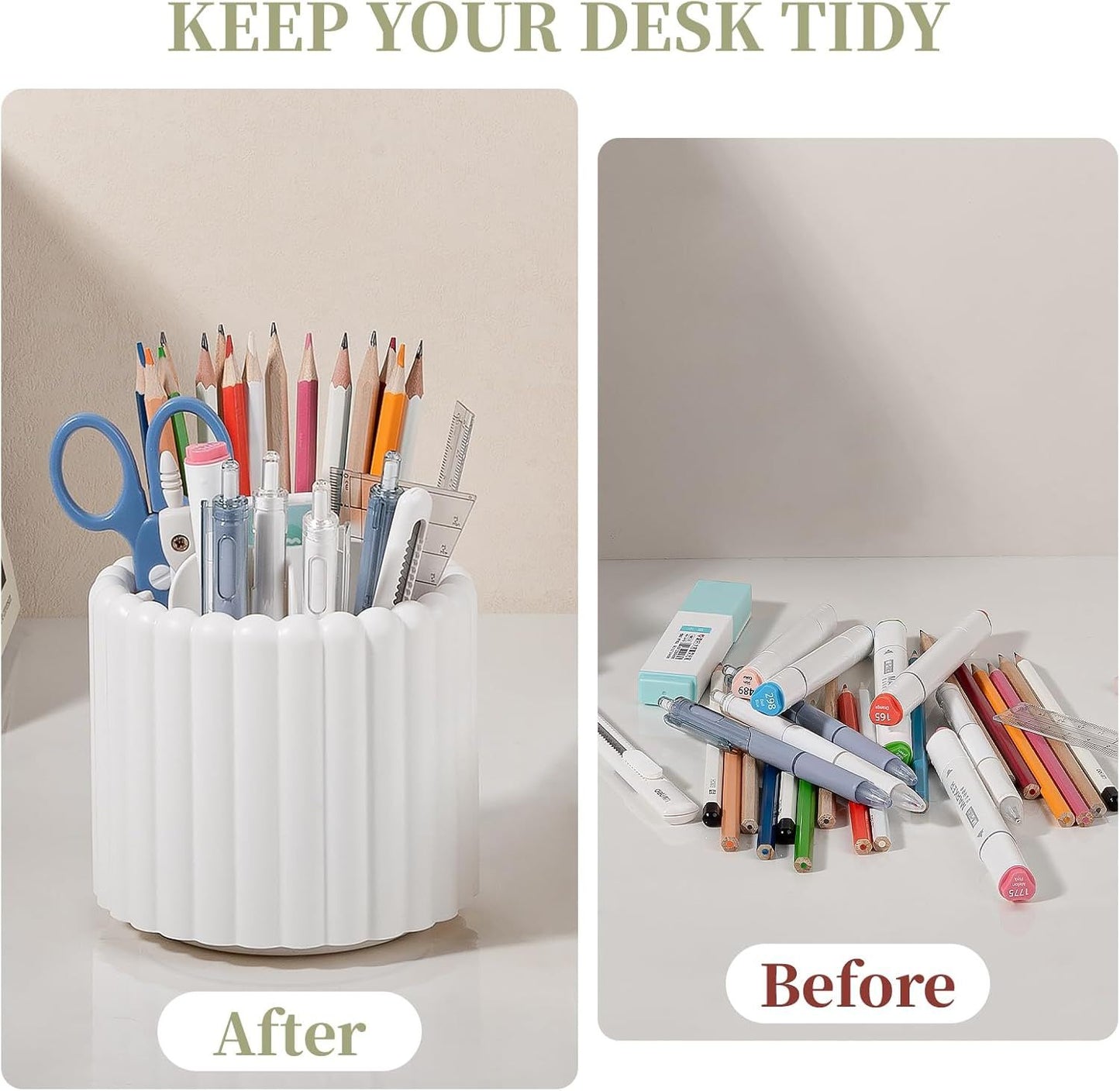 360° Rotating Pen Holder 7 Slots Desk Organizer Removable Pencil Cup Plastic Art Supplies and Accessories Desktop Storage Box Caddy for Office, School, Home (White)