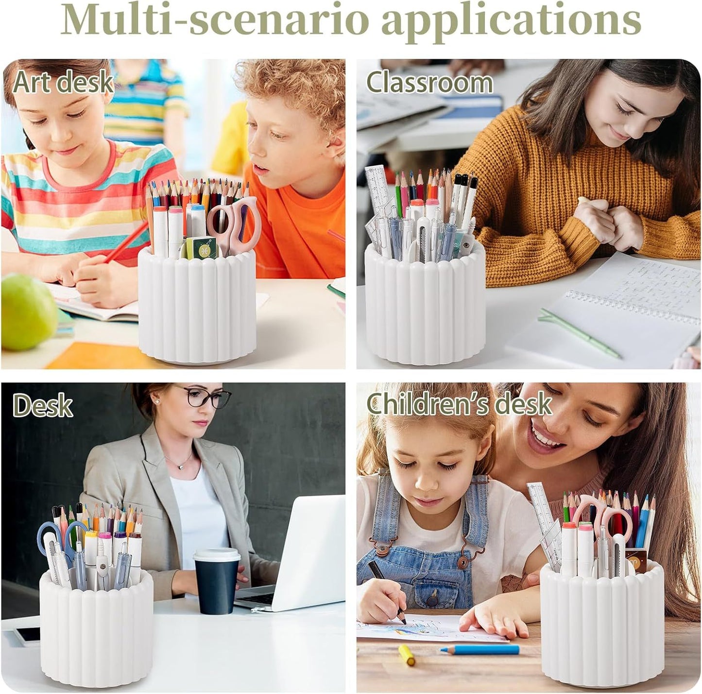 360° Rotating Pen Holder 7 Slots Desk Organizer Removable Pencil Cup Plastic Art Supplies and Accessories Desktop Storage Box Caddy for Office, School, Home (White)