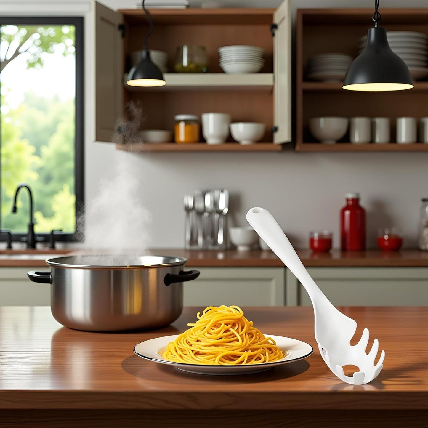 1 Pc White Pasta Fork - Teeth Spaghetti Spoon, Kitchen Noodle Fork Spoon, Spaghetti Fork Server