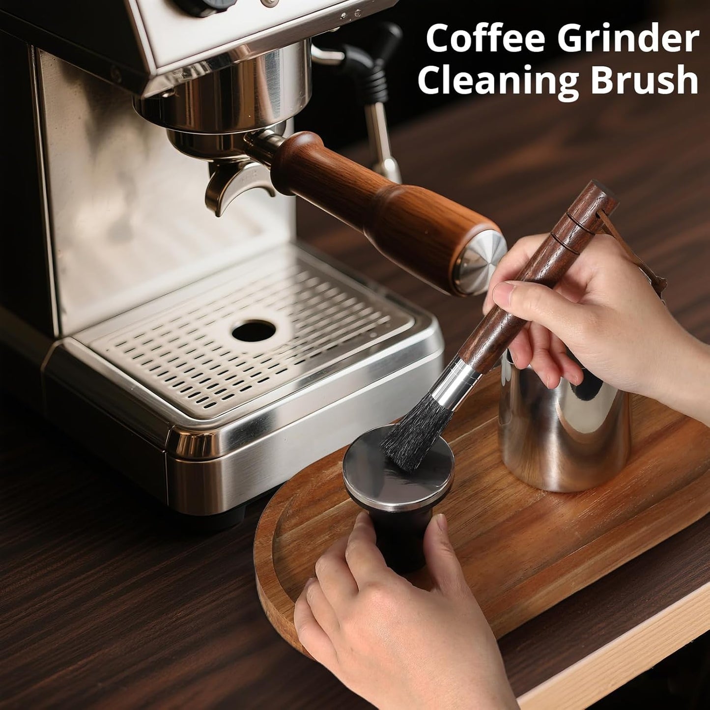 2-Pack Coffee Grinder Cleaning Brush with Natural Walnut Wood Handle and Black Boar Bristle, Coffee Bar Accessories Coffee Brush, Espresso Machine Cleaning Tool Barista Brush with Hanging Loop