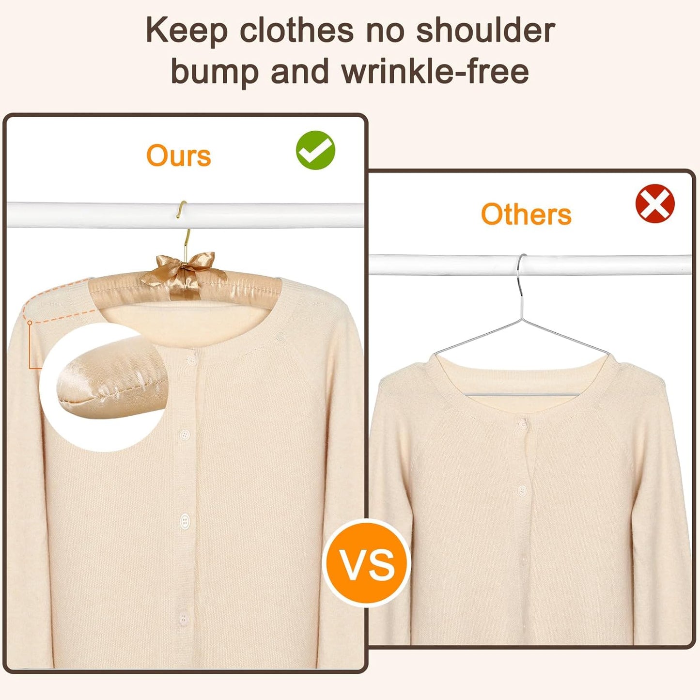 TOPIA HANGER Padded Hangers for Women Clothing, 10-Pack Thick Foam Padded Satin Hangers No Shoulder Bump for Sweaters, Coat, Blouses, Dresses (Champagne Gold), CT18CP10