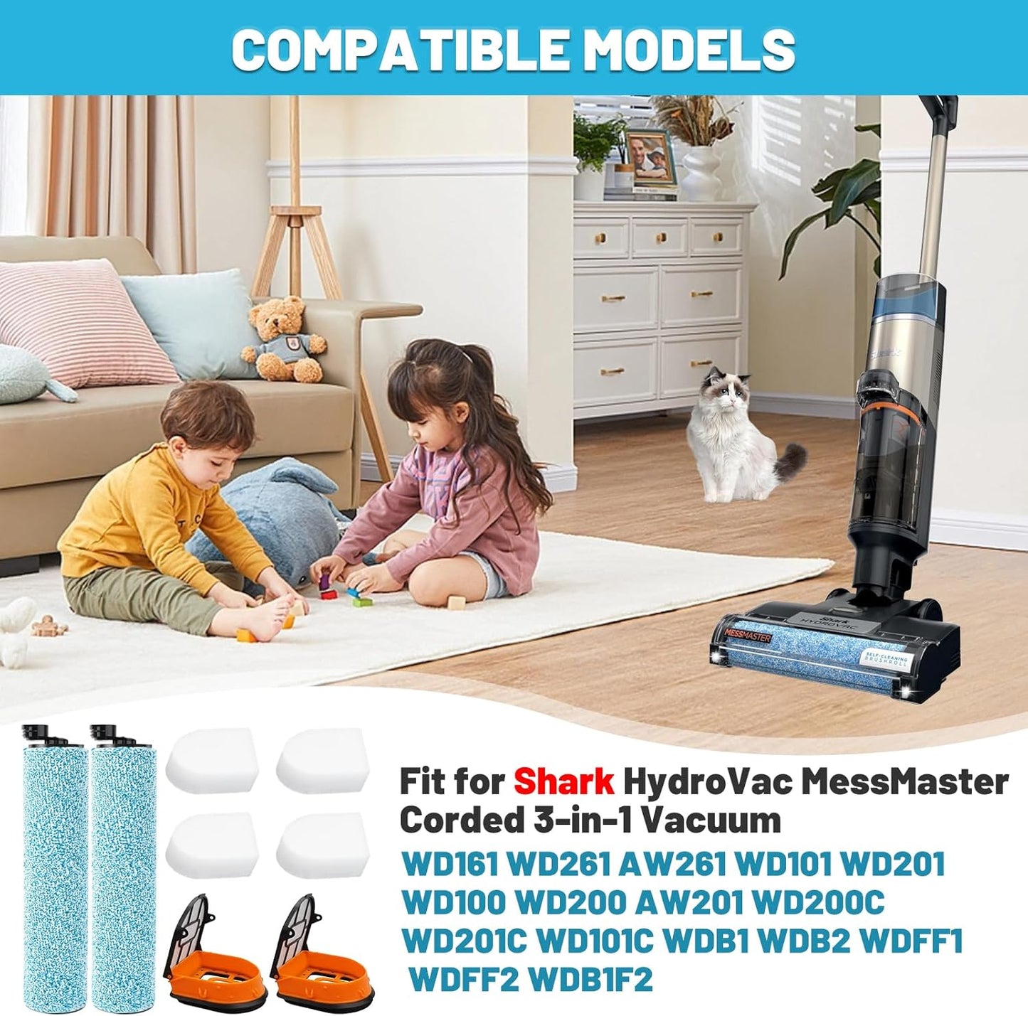 WD161 Brush Roller and Filter for Shark HydroVac Vacuum Cleaner compatible with Shark WD161 WD261 AW261 and WD101 WD201 WD100 WD200 AW201 WD200C WD201C WD101C WDB1, WDB2, WDFF1, WDFF2, WDB1F2 Vacuums