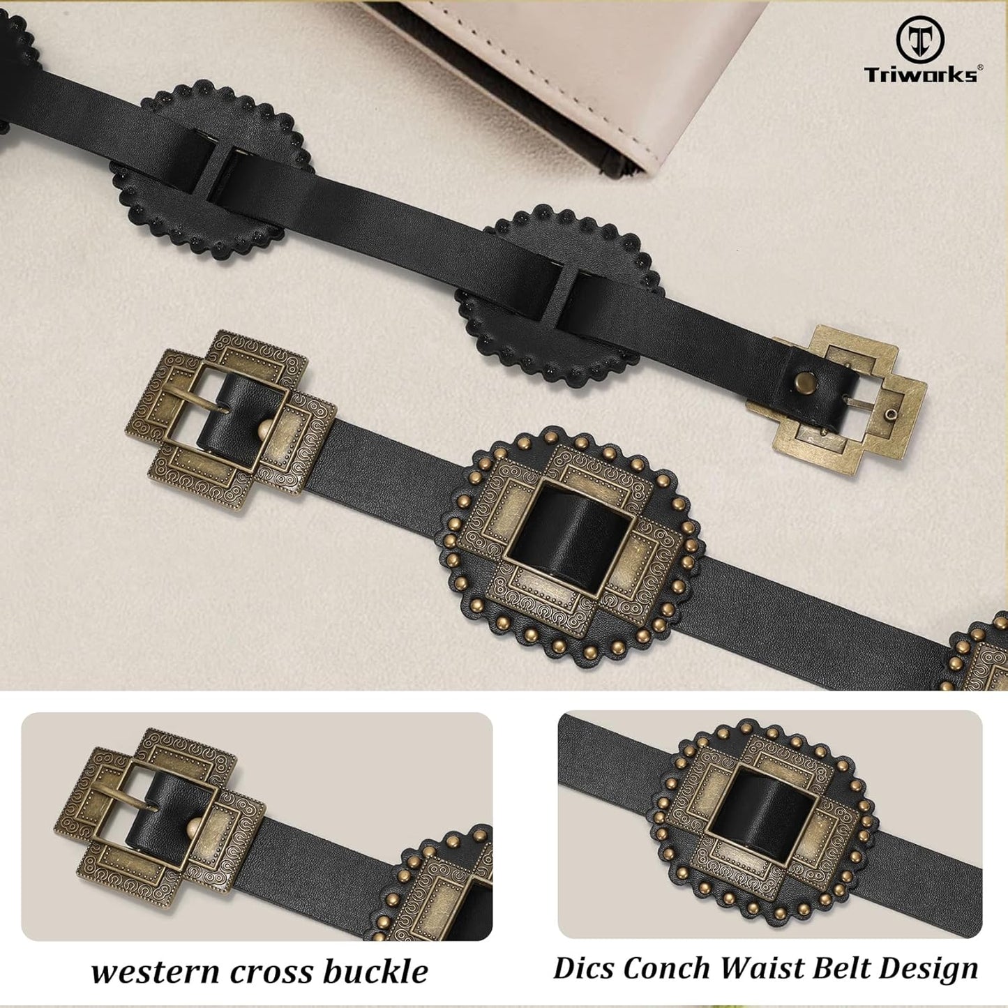 Women Western Concho Leather Belt Cowgirl Boho Belt Chunky for Dresses Concert Festival
