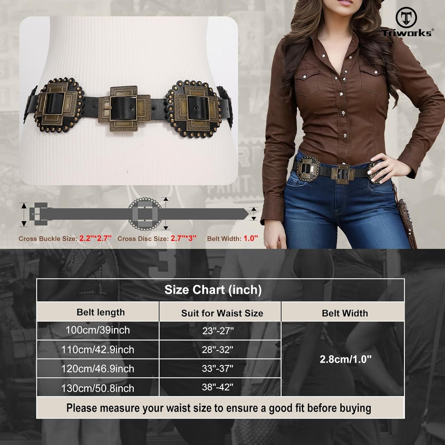 Women Western Concho Leather Belt Cowgirl Boho Belt Chunky for Dresses Concert Festival