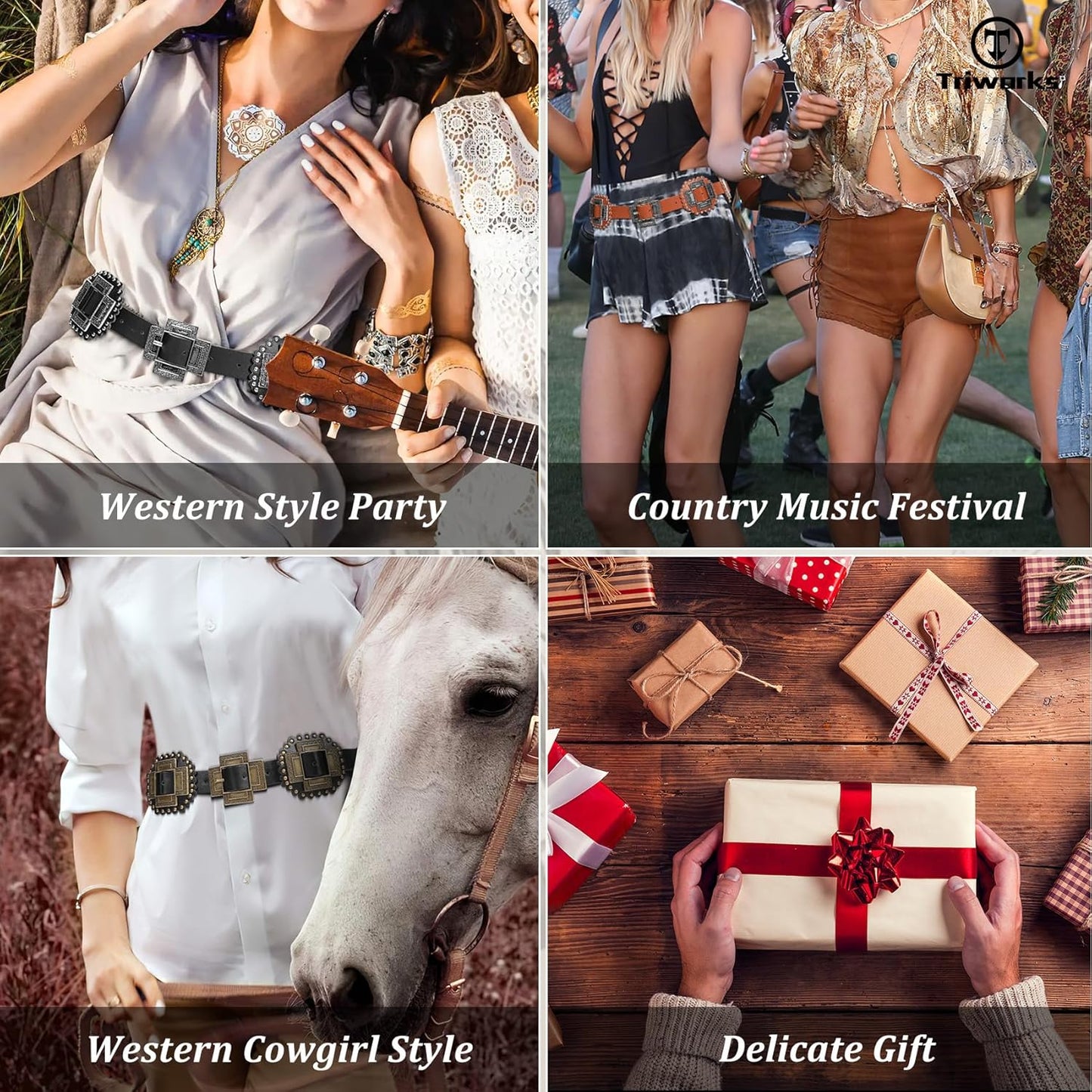 Women Western Concho Leather Belt Cowgirl Boho Belt Chunky for Dresses Concert Festival