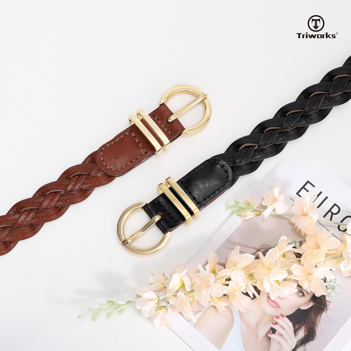 2 Pack Women's Skinny Braided Leather Belts Thin Woven Waist Belts for Jeans Pants Dresses