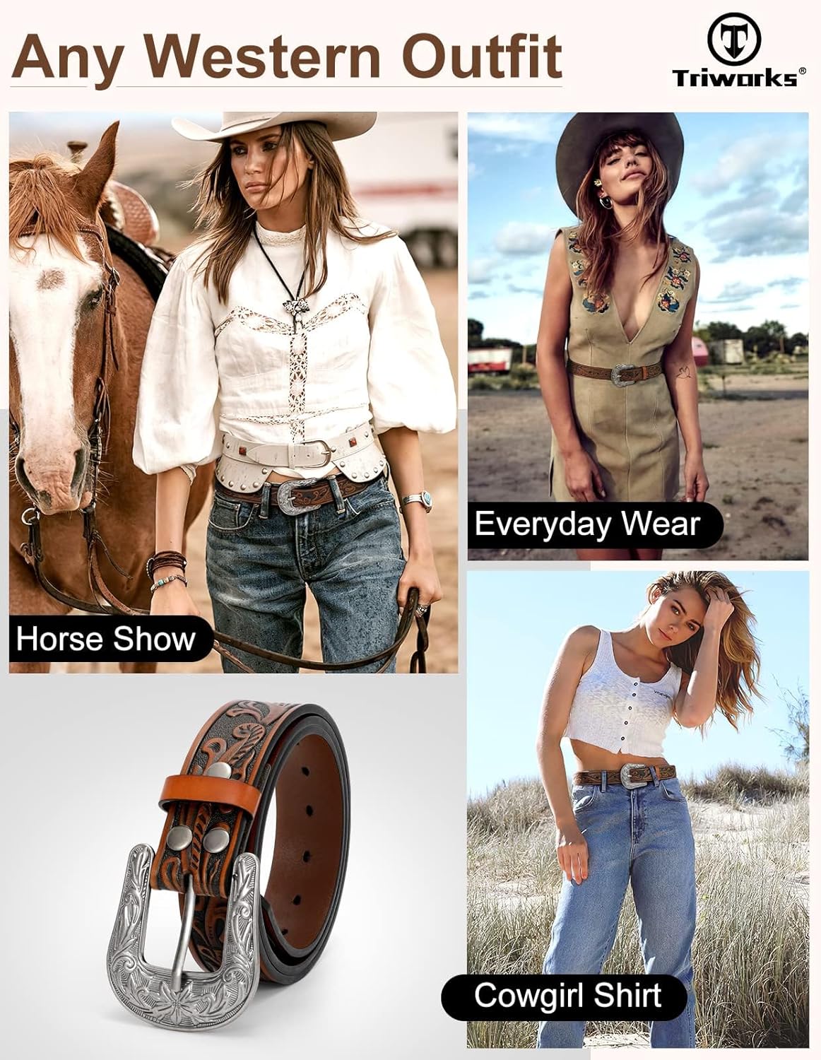 Western Belt for Women Men Cowgirl Cowboy Floral Engraved Tooled Leather Belt with Buckle for Jeans Pants Rodeo