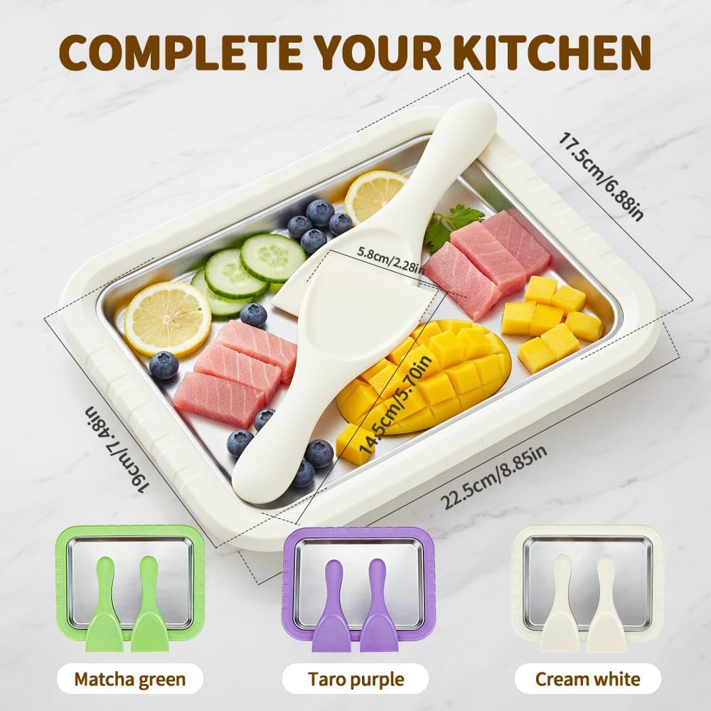 Rolled Ice Cream Maker Kit, 2026 New Stainless Steel Freeze Plate with 2 Scrapers, DIY Stir Fried Ice Cream Tray for Homemade Desserts, Perfect for Family Fun & Parties (White)