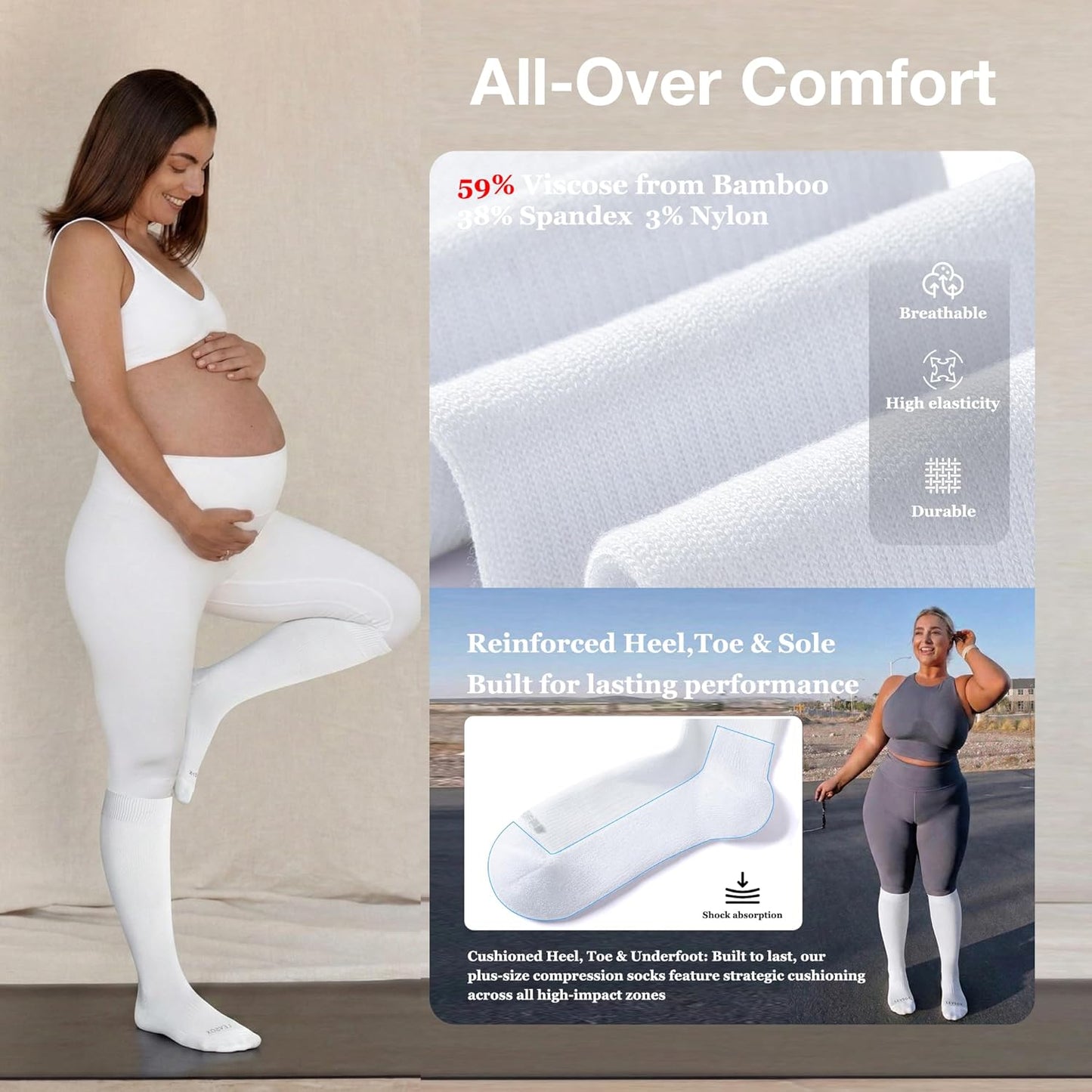Wide Calf Chioned Compression Socks for Men & Women, Made with Viscose from Bamboo 15-20 mmHg, Knee High Support Stockings for Circulation