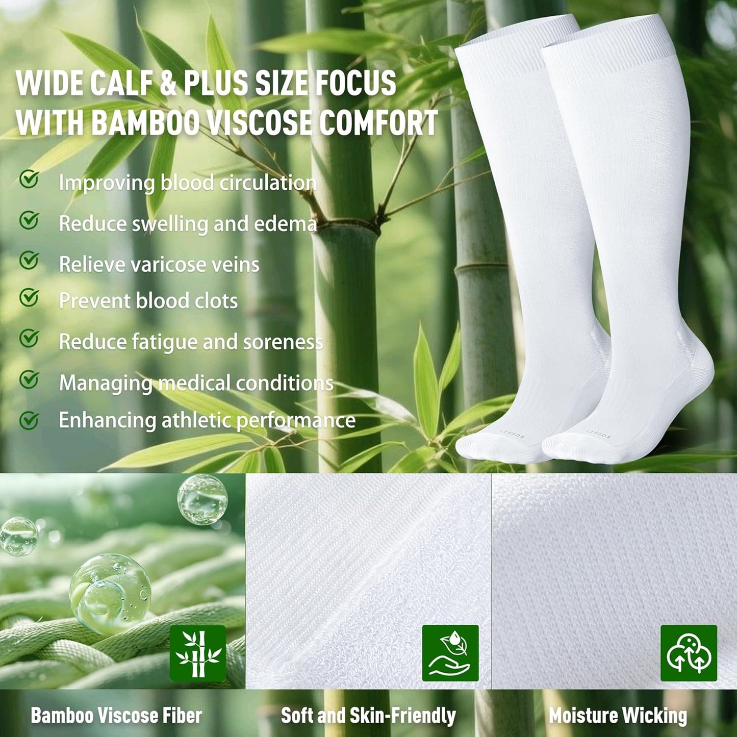 Wide Calf Chioned Compression Socks for Men & Women, Made with Viscose from Bamboo 15-20 mmHg, Knee High Support Stockings for Circulation