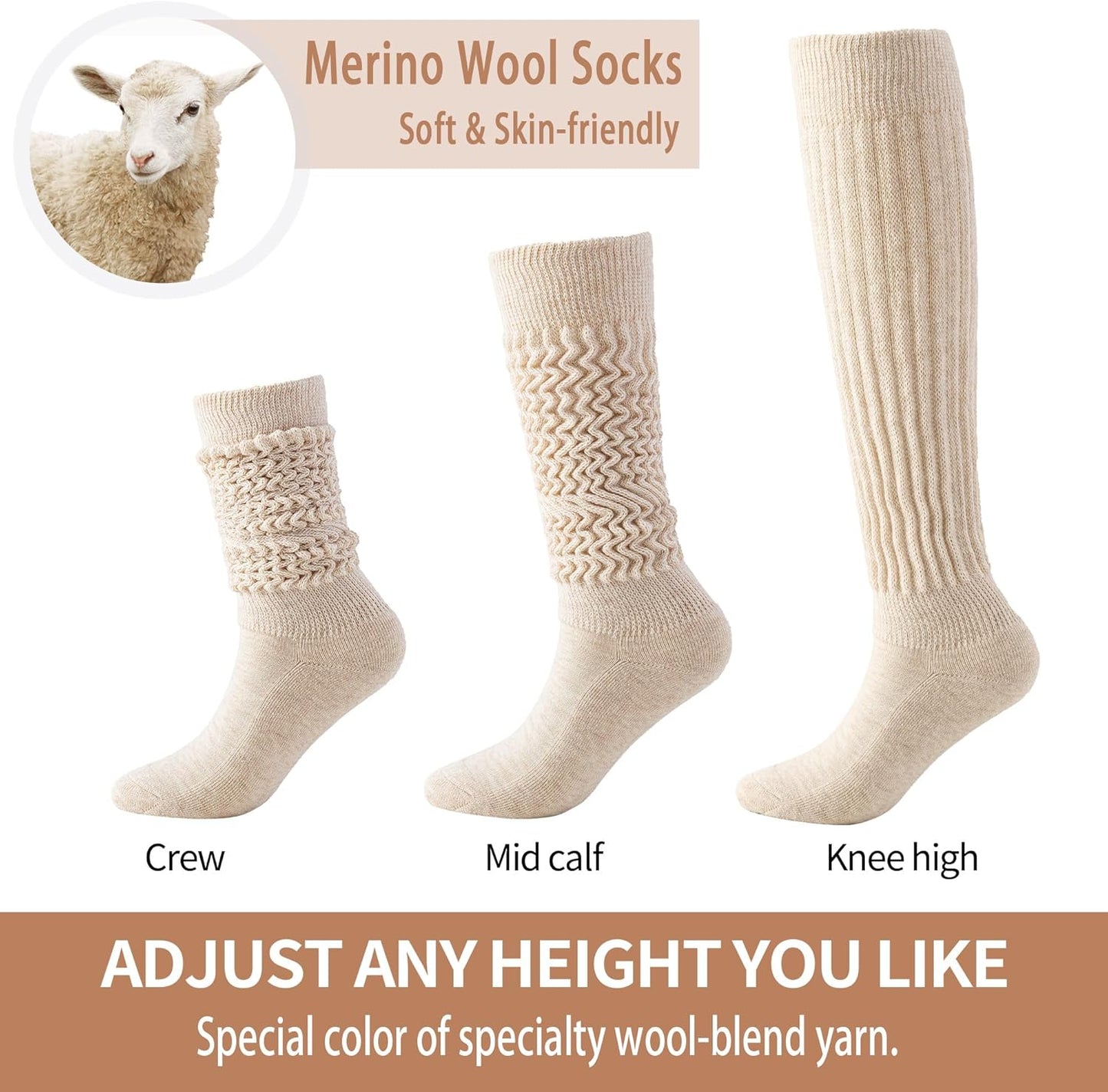 Merino Wool Slouch Socks for Women Soft Knee High Scrunch Warm Cozy Stacked Boot Socks 3 Pack