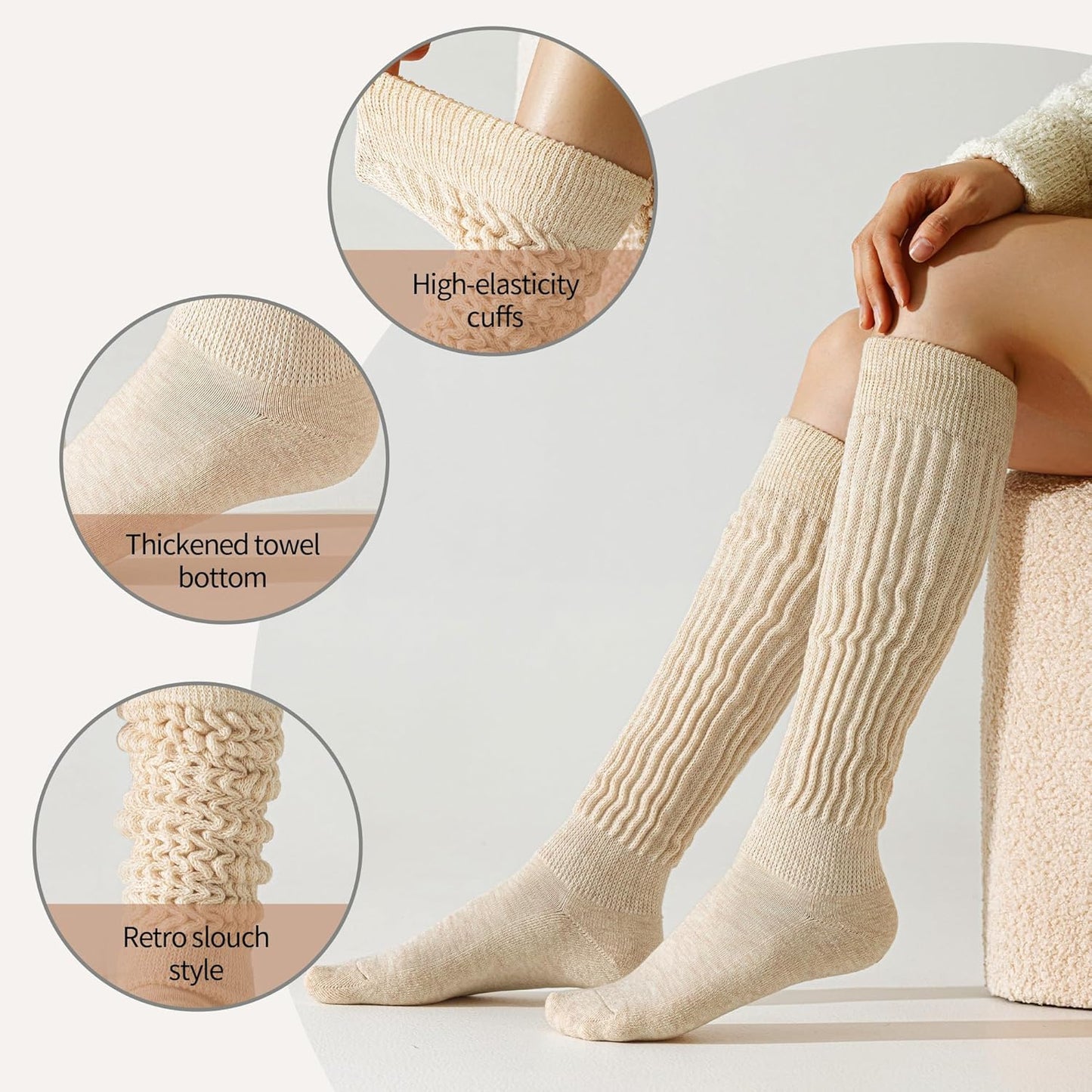 Merino Wool Slouch Socks for Women Soft Knee High Scrunch Warm Cozy Stacked Boot Socks 3 Pack