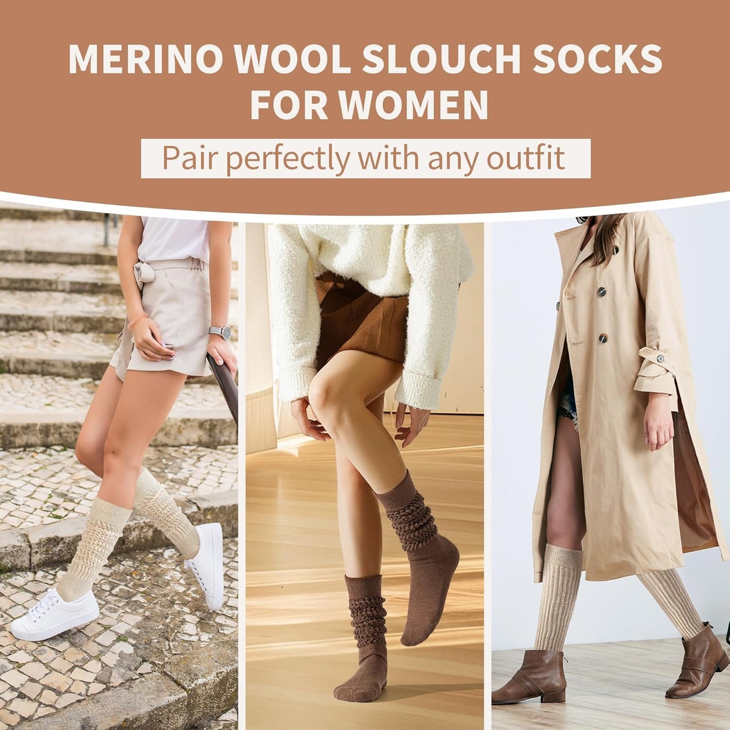 Merino Wool Slouch Socks for Women Soft Knee High Scrunch Warm Cozy Stacked Boot Socks 3 Pack