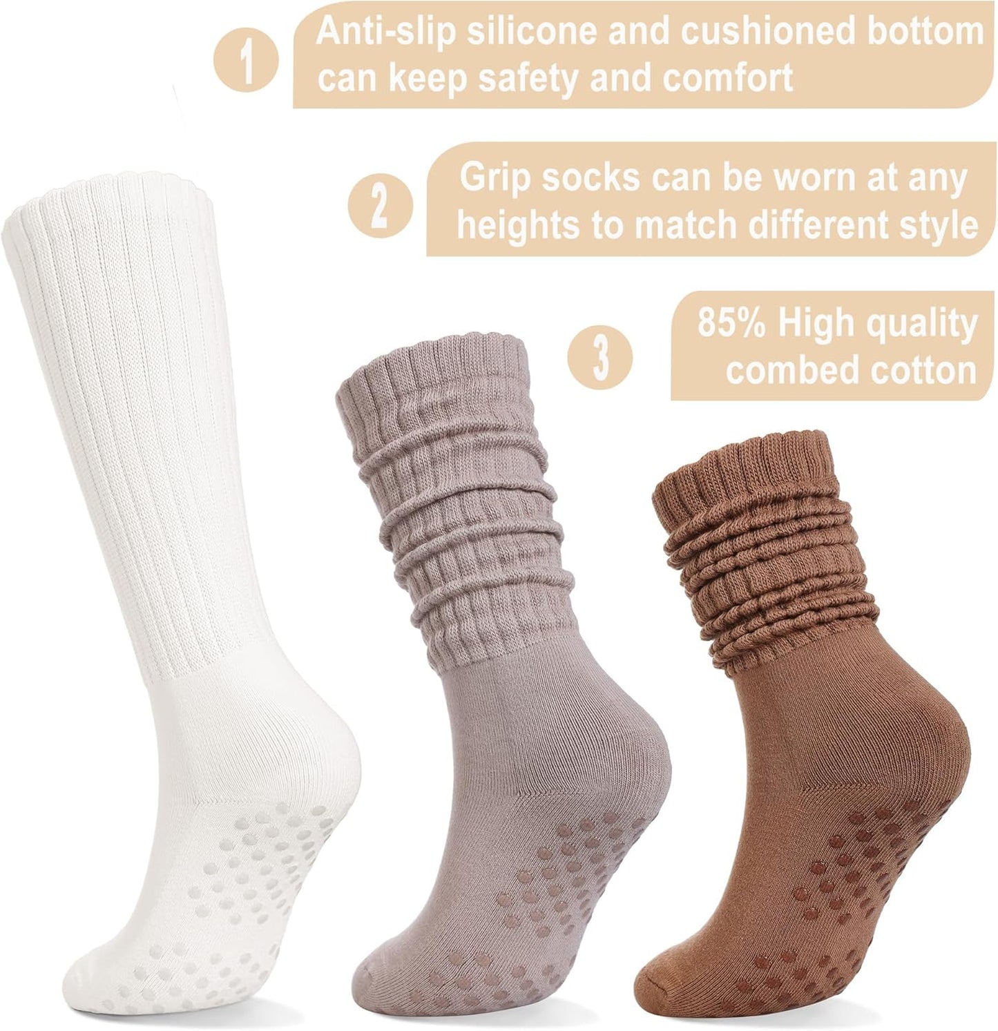Pilates Socks with Grips for Women Long Slouch Non-Slip Yoga Barre Chioned Workout Scrunch Socks 3 Pairs