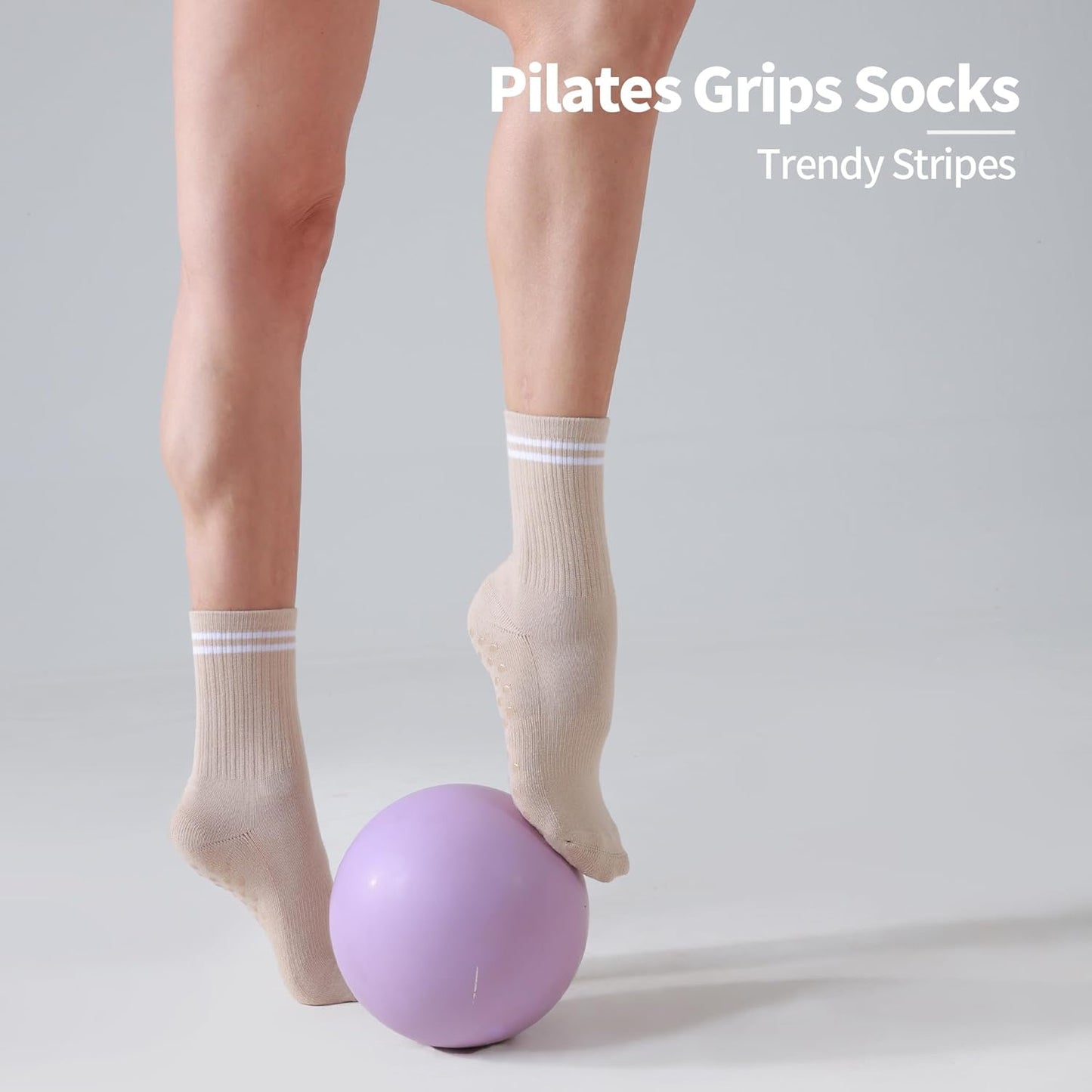 Pilates Grippy Socks for Women Striped Crew Cotton Chioned Non-Slip Yoga Barre Workout Socks 4 Pairs