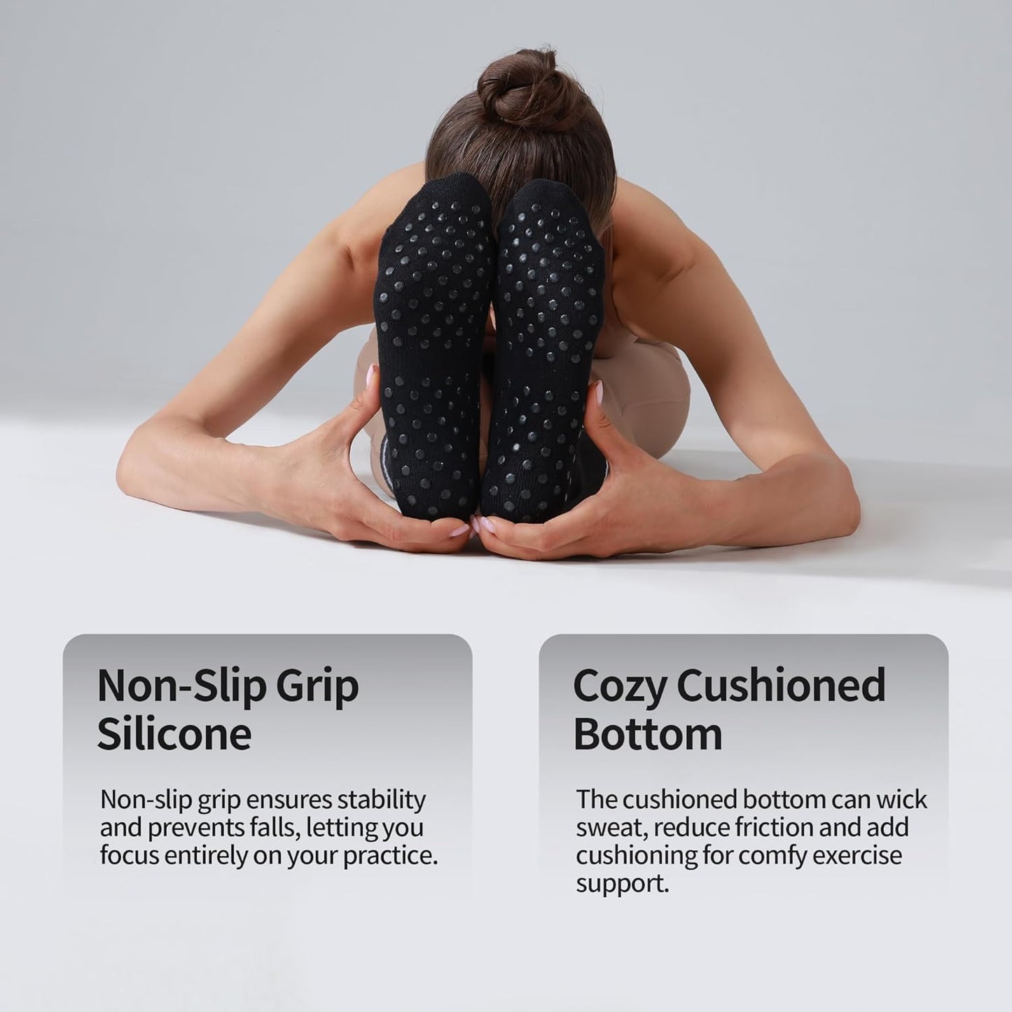 Pilates Grippy Socks for Women Striped Crew Cotton Chioned Non-Slip Yoga Barre Workout Socks 4 Pairs