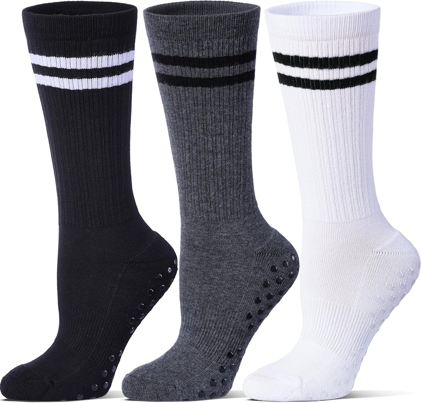 Pilates Grip Socks for Women,Striped Yoga Non Slip Chioned Long Socks for Barre, Dance, Workout 3 Pairs