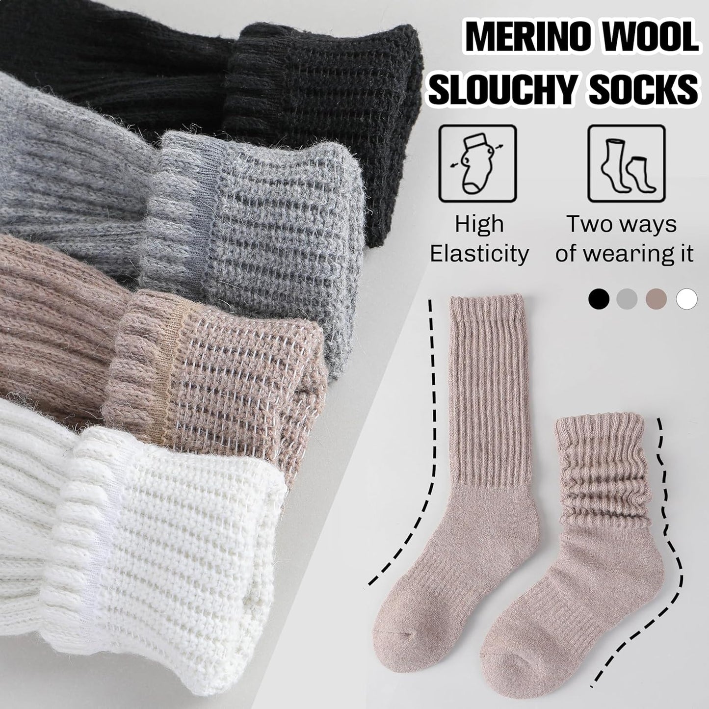 Merino Wool Slouch Boot Socks Thermal Warm Winter Thick Scrunch Cozy Crew Socks for Women 4 Pairs