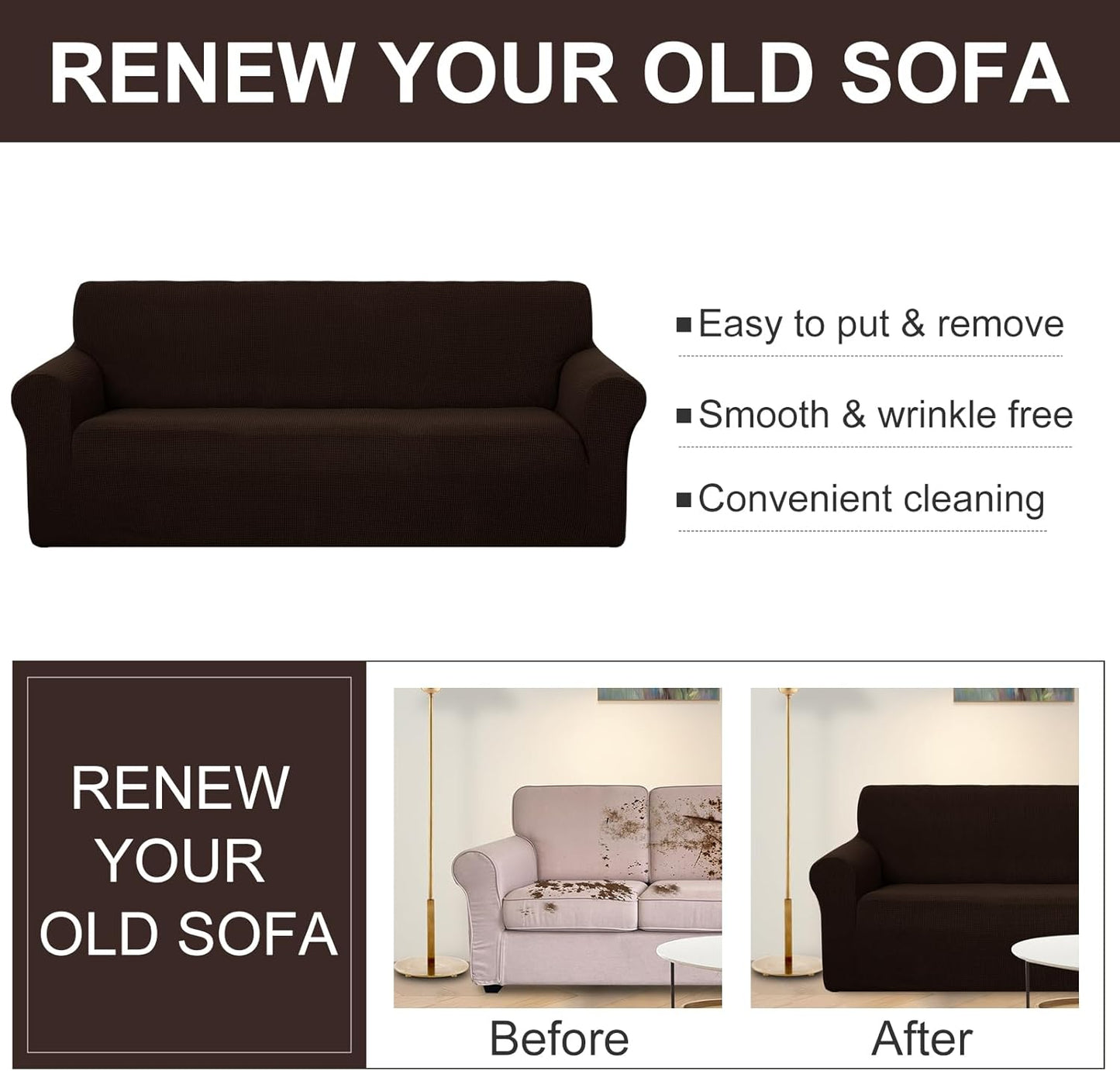 Stretch Couch Cover Sofa Cover Washable Sofa Slipcover Furniture Protector for 3 Chion Couch Sofa Pet Friendly(Sofa, Chocolate)