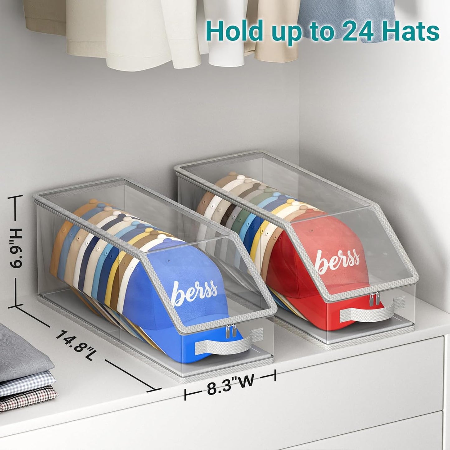 2PCS Stackable Hat Storage for Baseball Caps, Clear Hat Organizer for Closet Holds up to 24 Caps, Men‘s Hat Box Display with Cardboard (Grey)