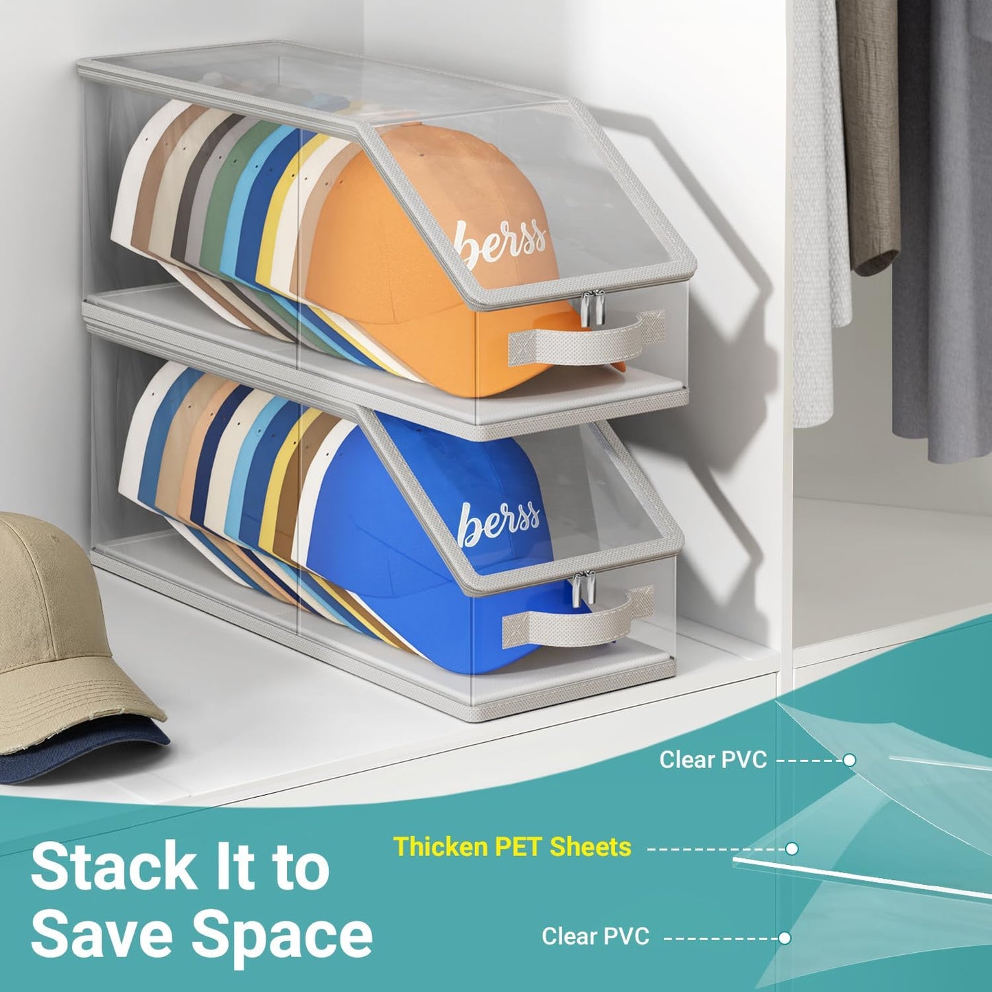 2PCS Stackable Hat Storage for Baseball Caps, Clear Hat Organizer for Closet Holds up to 24 Caps, Men‘s Hat Box Display with Cardboard (Grey)