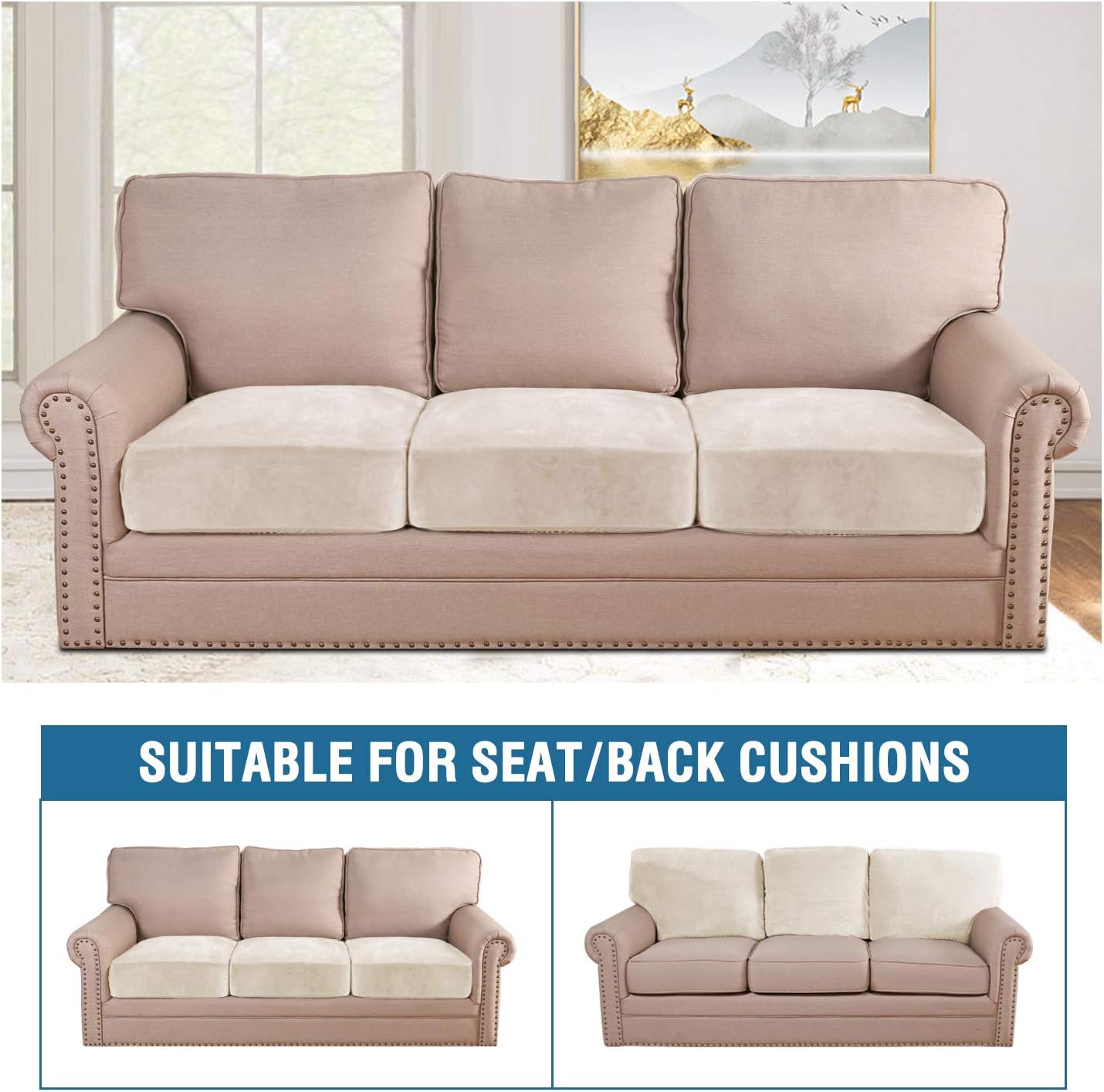 Velvet Stretch Couch Chion Cover Plh Chion Slipcover for Chair Loveseat Sofa Chion Furniture Protector Seat Chion Sofa Cover (3 Piece Sofa Chion Covers, Ivory)