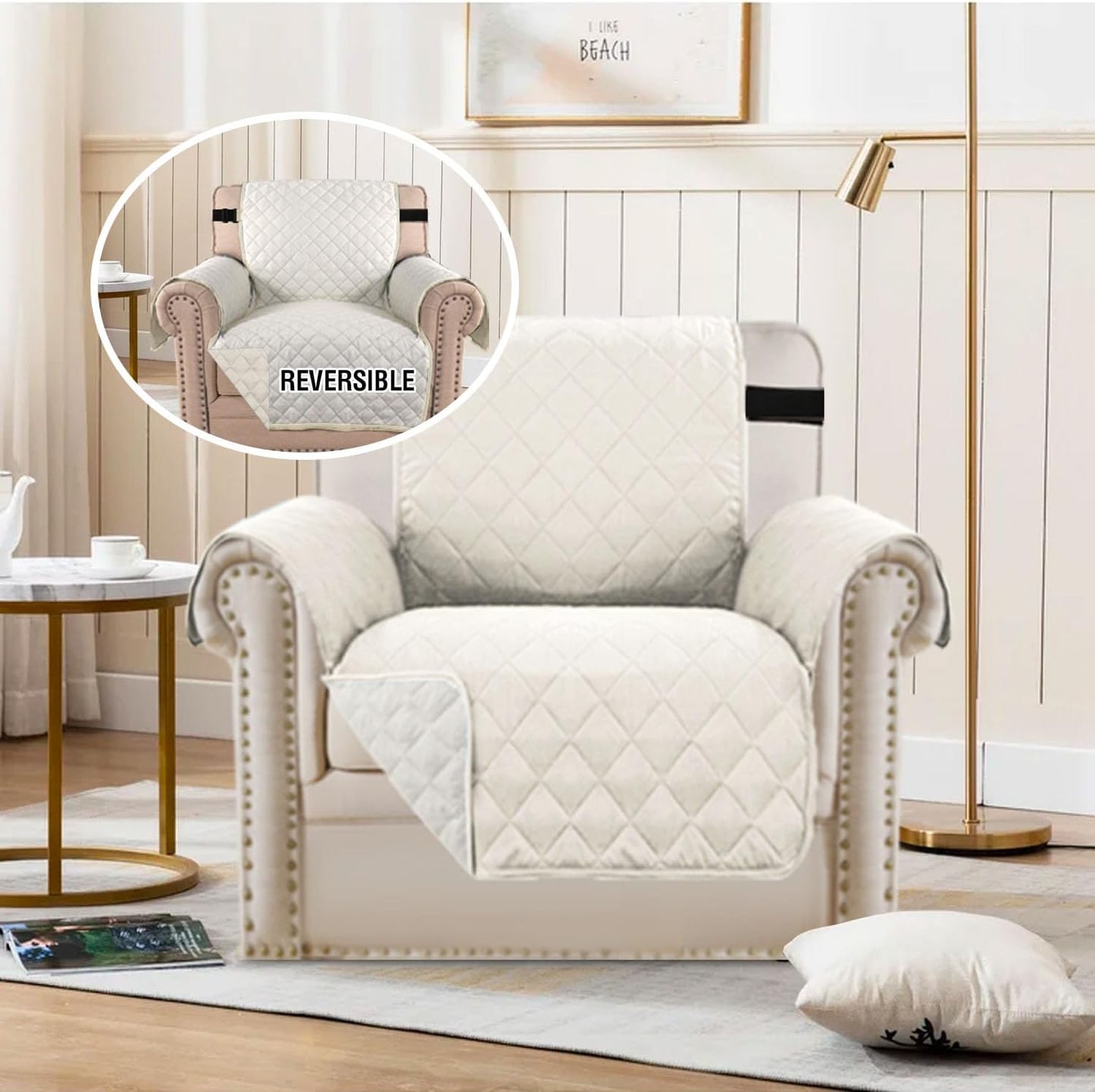 Chair Slipcover Reversible Chair Cover Water Resistant Couch Cover Washable Chair Cover Non-Slip Fabric Furniture Protector with Elastic Strap for Pets(Armchair, Ivory/Beige)