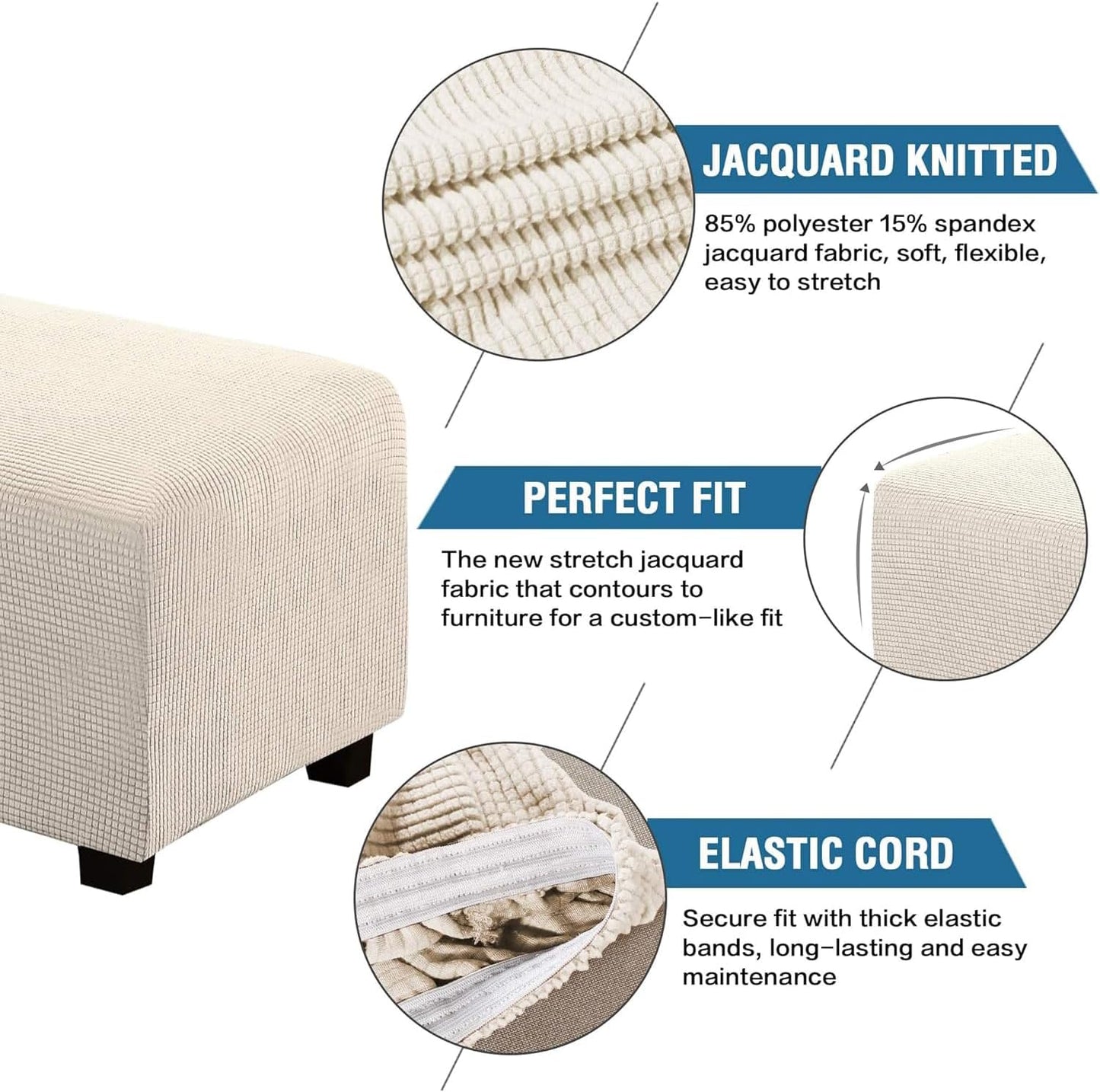 Ottoman Cover Slipcover Rectangle Fit Length 29'-34' Footrest Sofa Slipcovers Stool Cover Footstool Protector Covers Feature Stretch Thick Jacquard Fabric Removable Washable - Natural