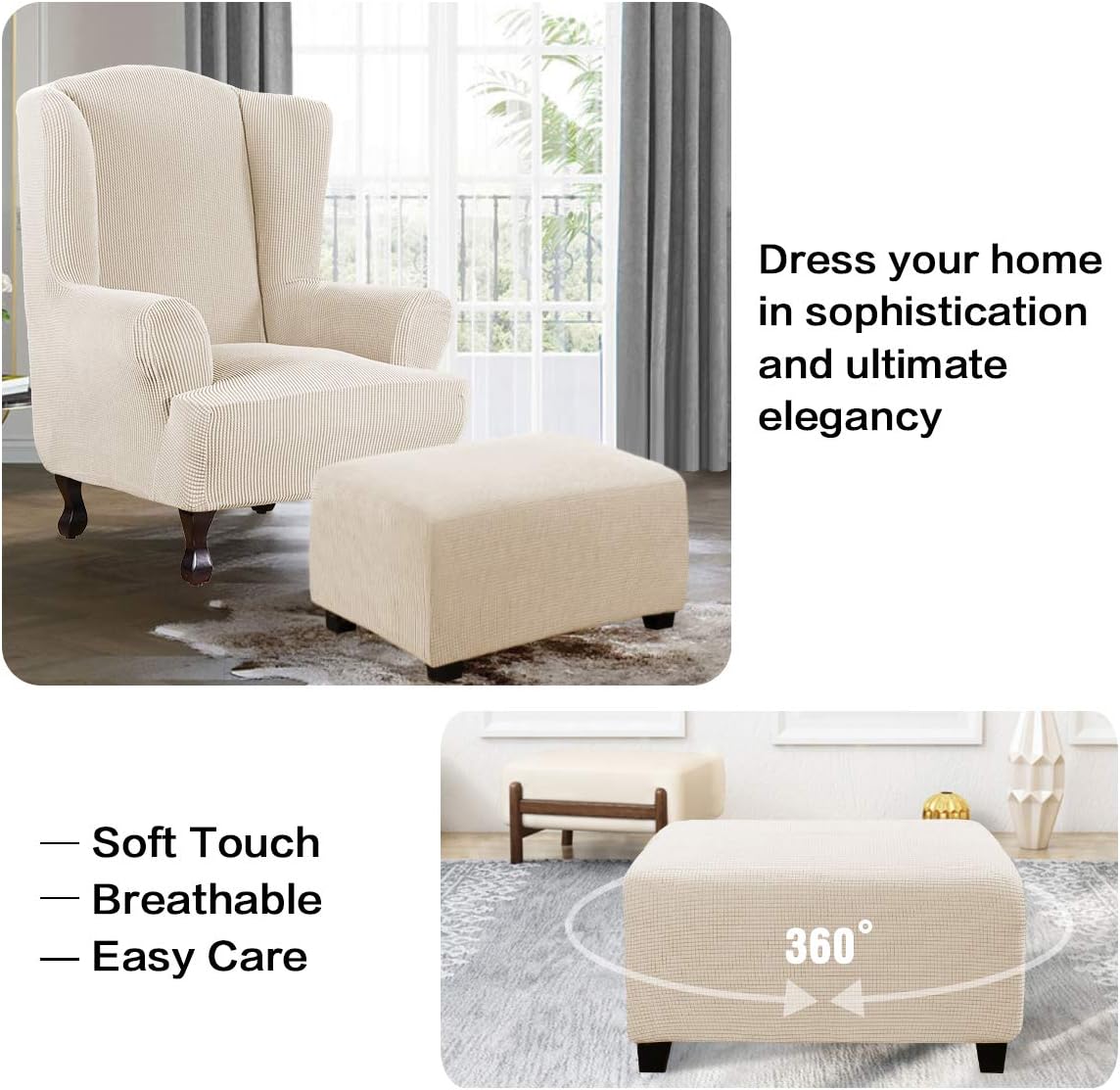 Ottoman Cover Slipcover Rectangle Fit Length 29'-34' Footrest Sofa Slipcovers Stool Cover Footstool Protector Covers Feature Stretch Thick Jacquard Fabric Removable Washable - Natural