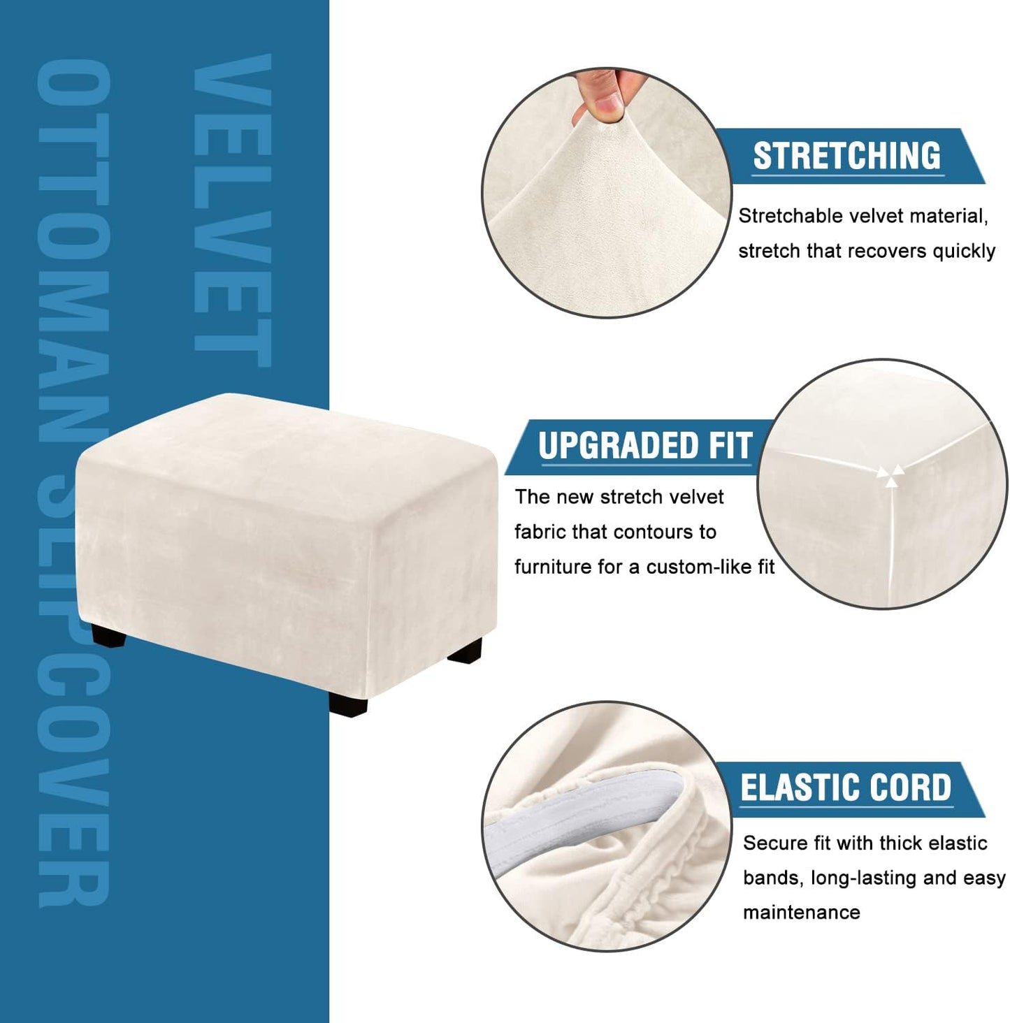 Ottoman Covers Slipcover Rectangle Real Velvet Plh 1 Piece Form Fit Stretch Folding Storage Covers Ottoman Slipcovers Removable Footrest Covers Elastic Bottom Washable(Large, Ivory)