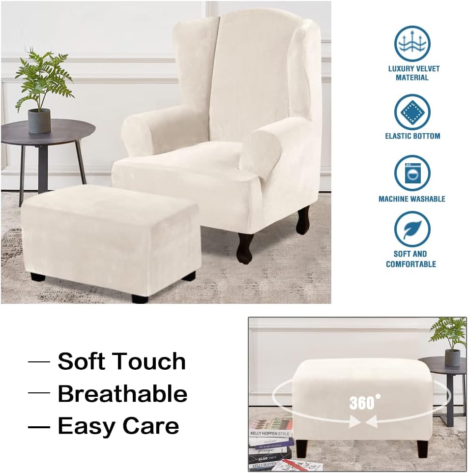 Ottoman Covers Slipcover Rectangle Real Velvet Plh 1 Piece Form Fit Stretch Folding Storage Covers Ottoman Slipcovers Removable Footrest Covers Elastic Bottom Washable(Large, Ivory)