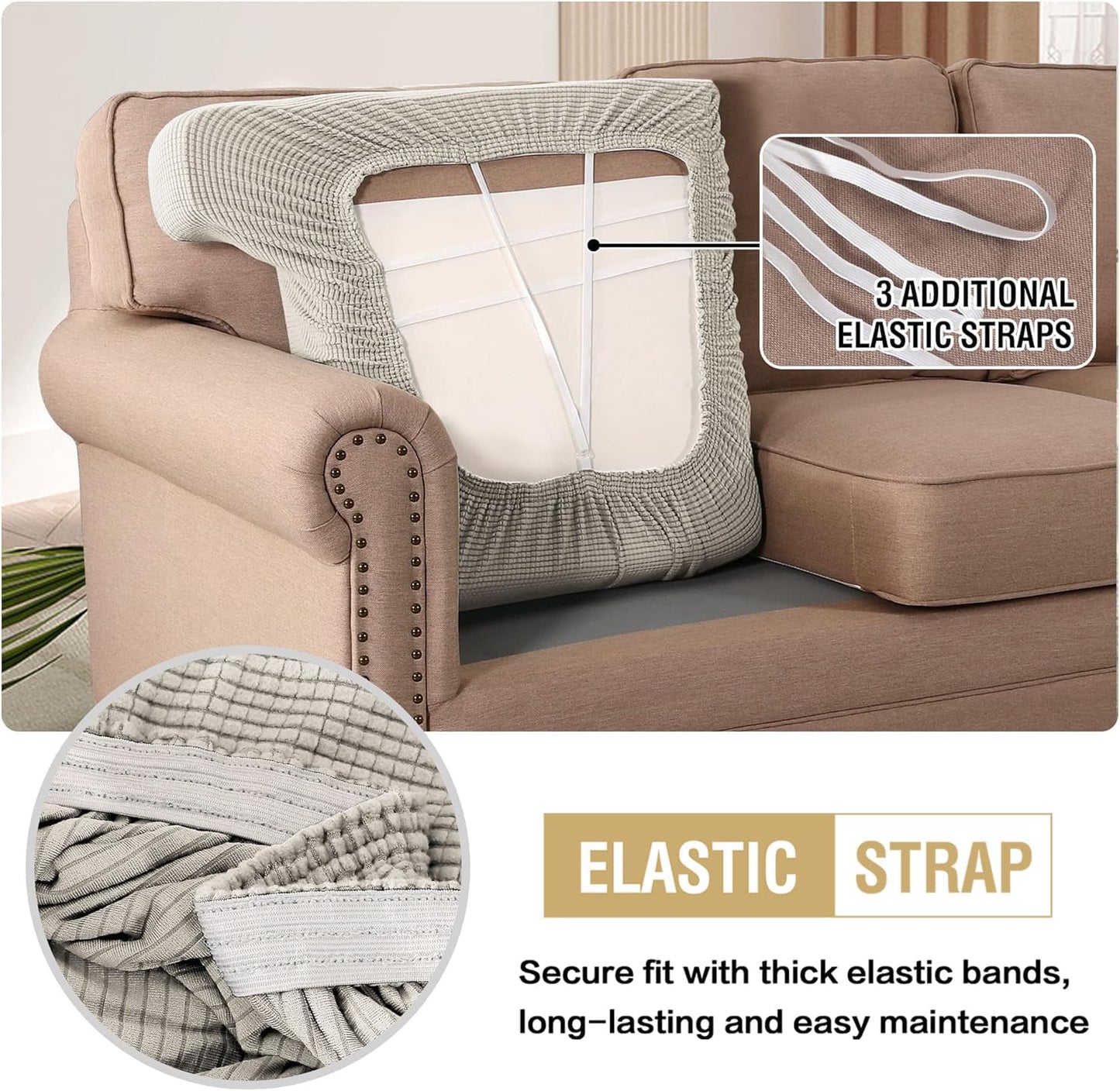 Stretch 3 Piece T Chion Sofa Slipcovers Individually Sofa Chion Covers for 3 Chion Couch Sofa Seat Chion Covers with Elastic Bands Featuring Thicker Jacquard Fabric, Island Fossi