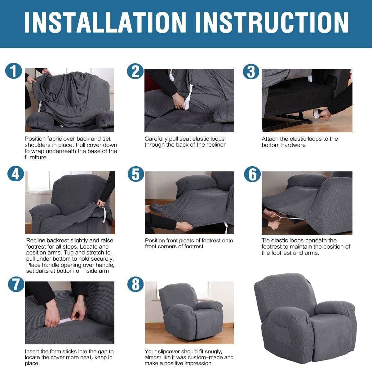 Super Stretch Recliner Couch Covers Chair Cover Form Fitted Non Slip Reclining Slipcovers for Standard Large Recliner, Soft Thick (1 Pack, Grey)