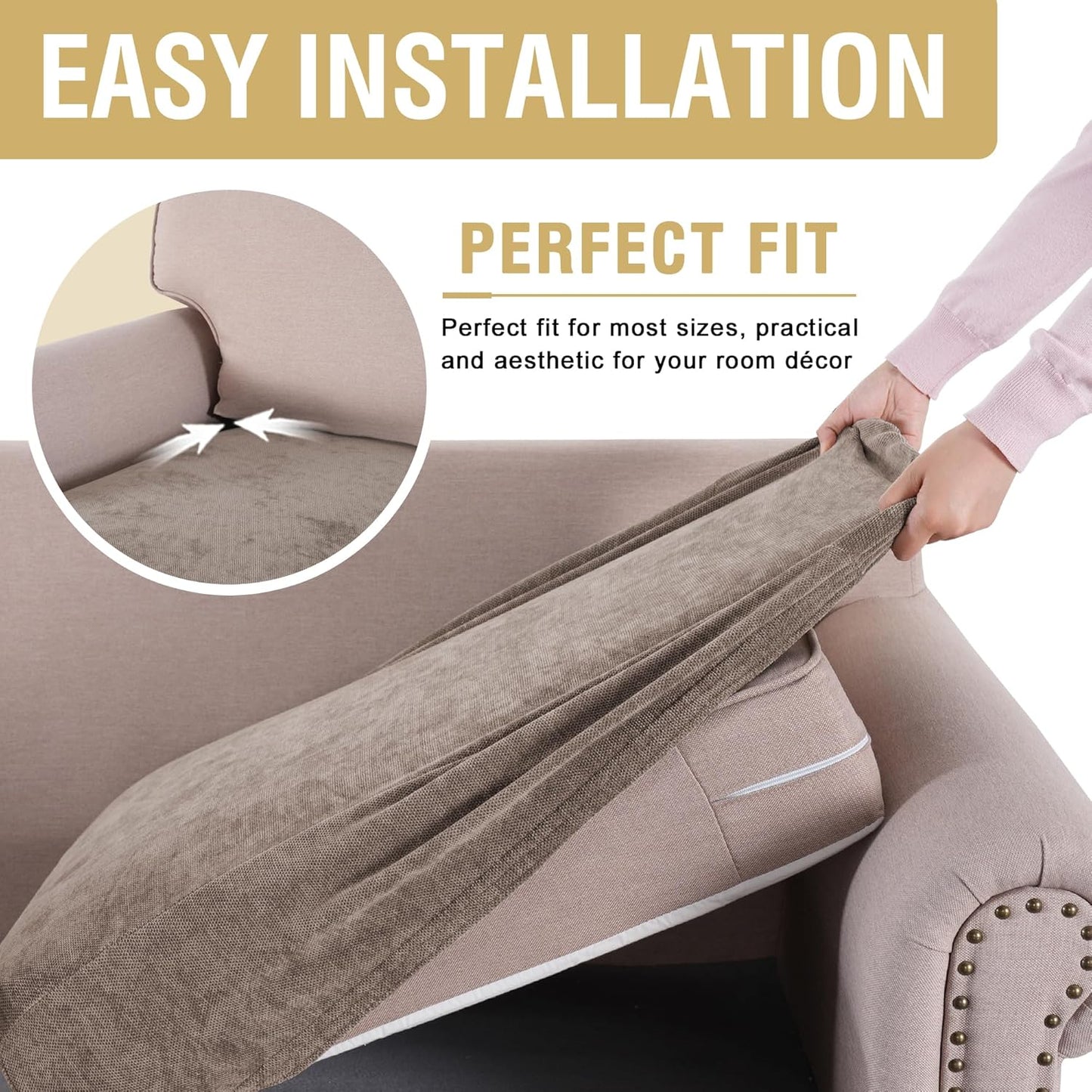 Stretch Mixed-Color Chenille Couch Chion Cover Soft Sofa Covers Individual Seat Couch Slipcover Sets Furniture Protector Seat Chion Sofa Cover (3 Piece Sofa Chion Covers, Taupe)