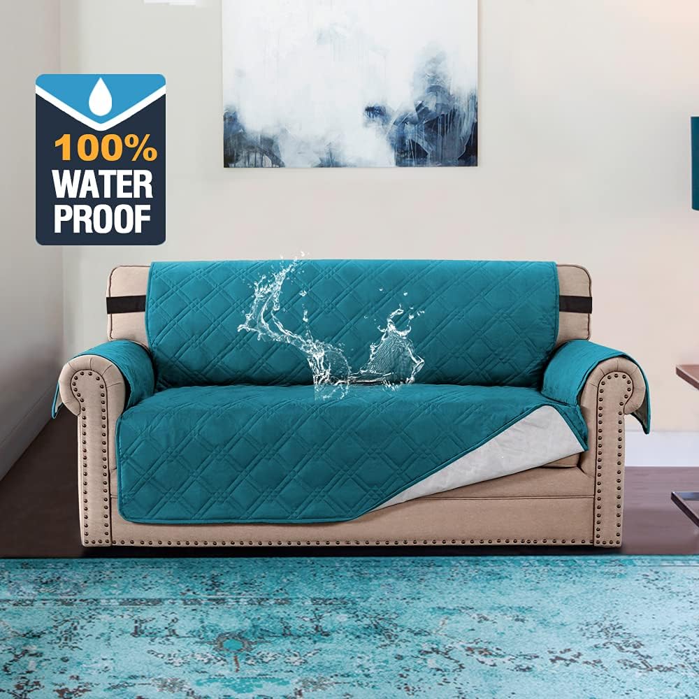 100% Waterproof Sofa Slipcover Washable Loveseat Cover for 2 Chion Cover Non-Slip Furniture Protector with Puppy Paw Silicone Backing Couch Cover for Pets Dogs (Loveseat, Dark Teal)